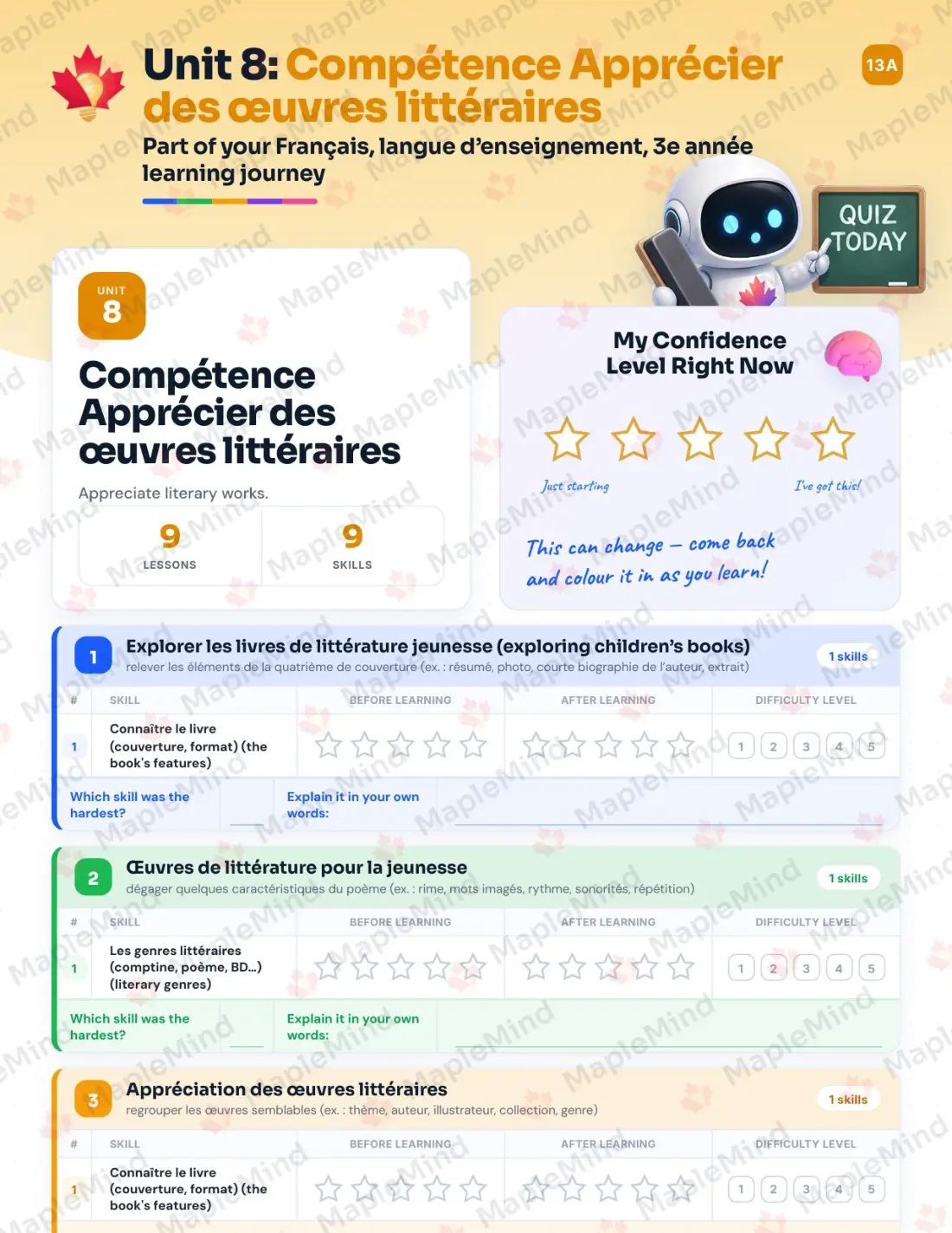 Page 47 of 67 from the Français, langue d’enseignement, 3e année Quebec Course Companion — skills tracker with before and after self-assessment