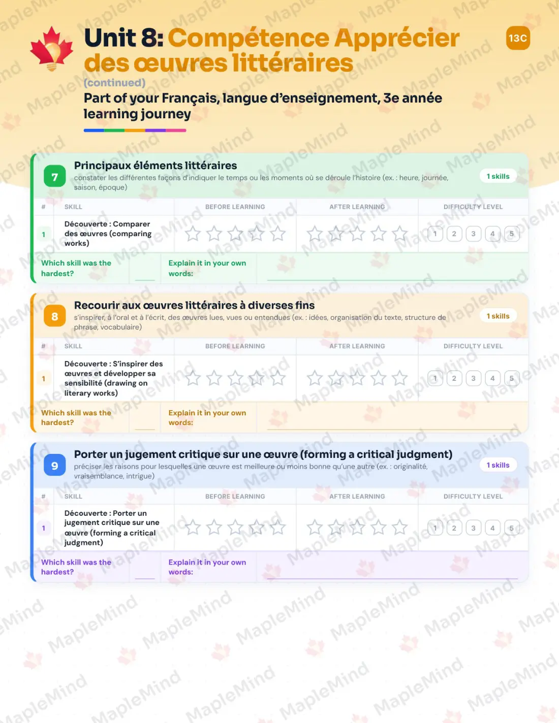 Page 49 of 67 from the Français, langue d’enseignement, 3e année Quebec Course Companion — skills tracker with before and after self-assessment