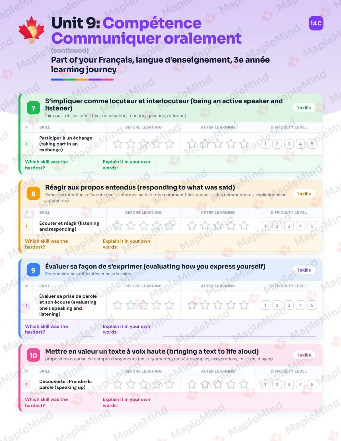 Page 54 of 67 from the Français, langue d’enseignement, 3e année Quebec Course Companion — skills tracker with before and after self-assessment