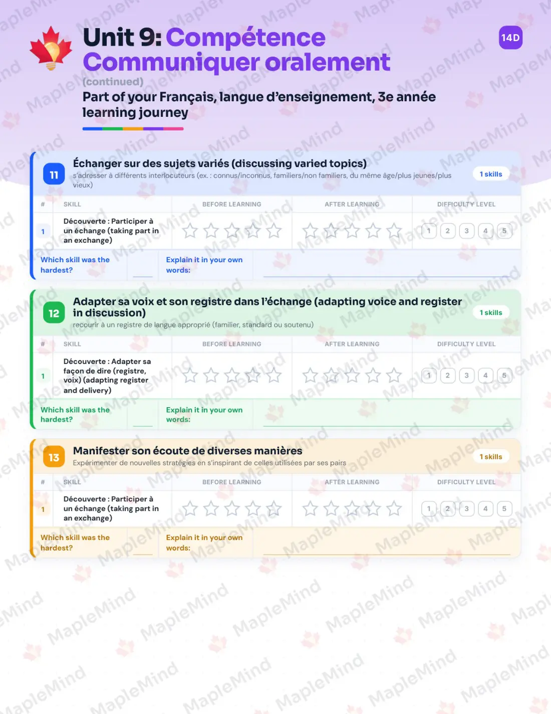 Page 55 of 67 from the Français, langue d’enseignement, 3e année Quebec Course Companion — skills tracker with before and after self-assessment