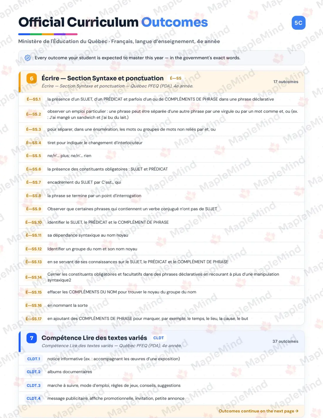 Page 7 of 79 from the Français, langue d’enseignement, 4e année Quebec Course Companion — skills tracker with before and after self-assessment