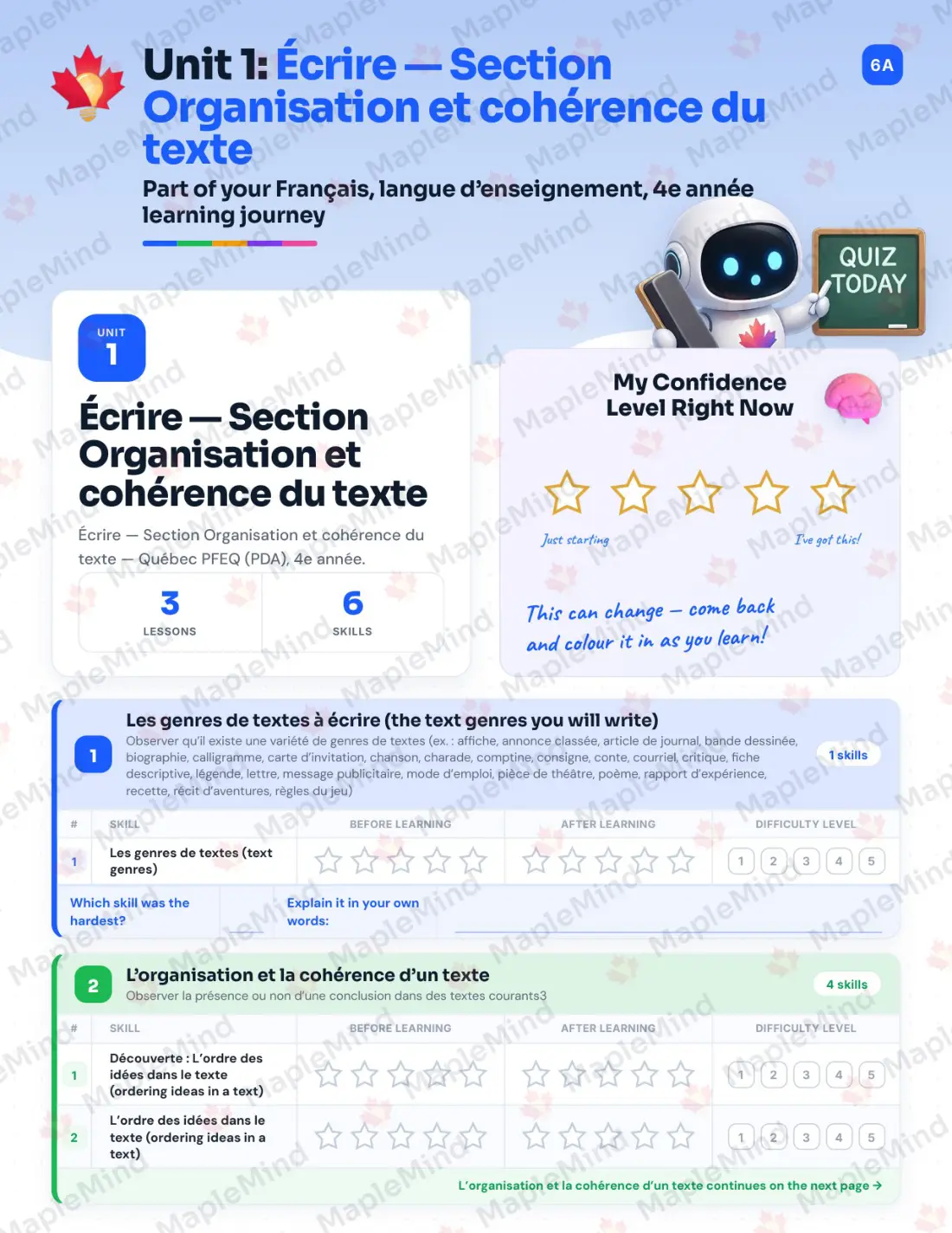 Page 12 of 79 from the Français, langue d’enseignement, 4e année Quebec Course Companion — skills tracker with before and after self-assessment