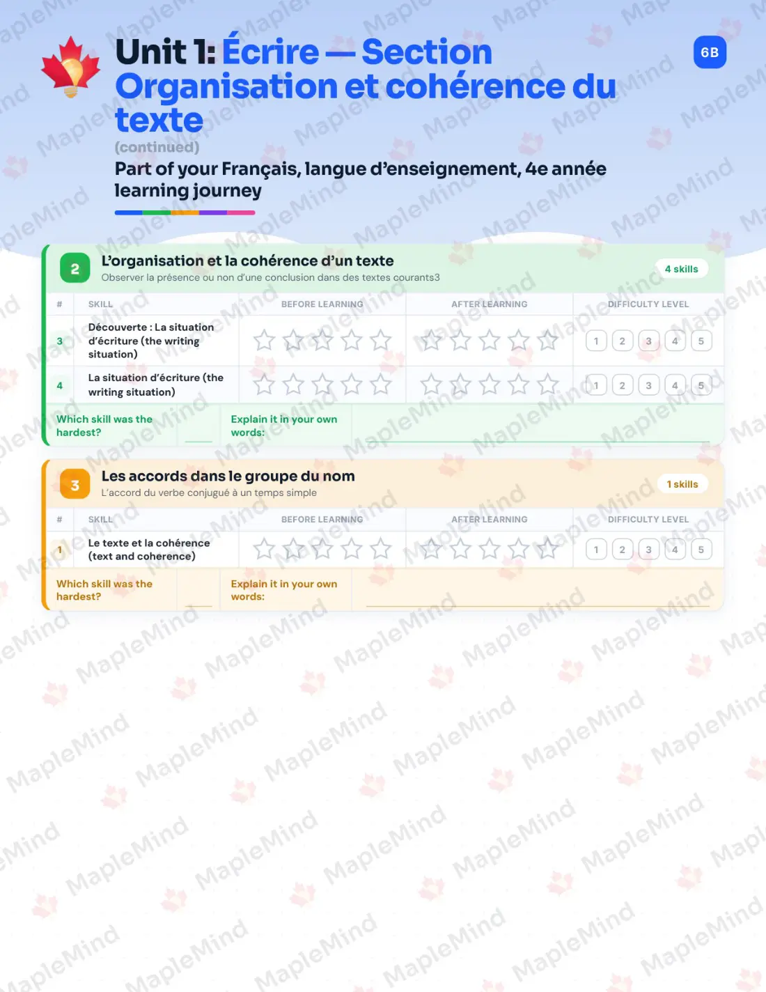 Page 13 of 79 from the Français, langue d’enseignement, 4e année Quebec Course Companion — skills tracker with before and after self-assessment
