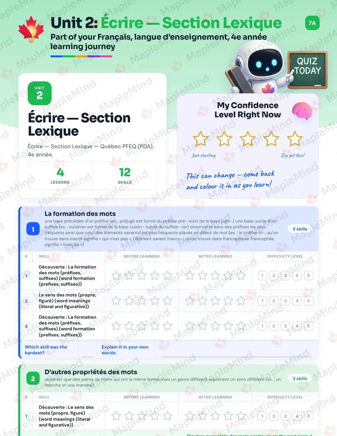 Page 16 of 79 from the Français, langue d’enseignement, 4e année Quebec Course Companion — skills tracker with before and after self-assessment