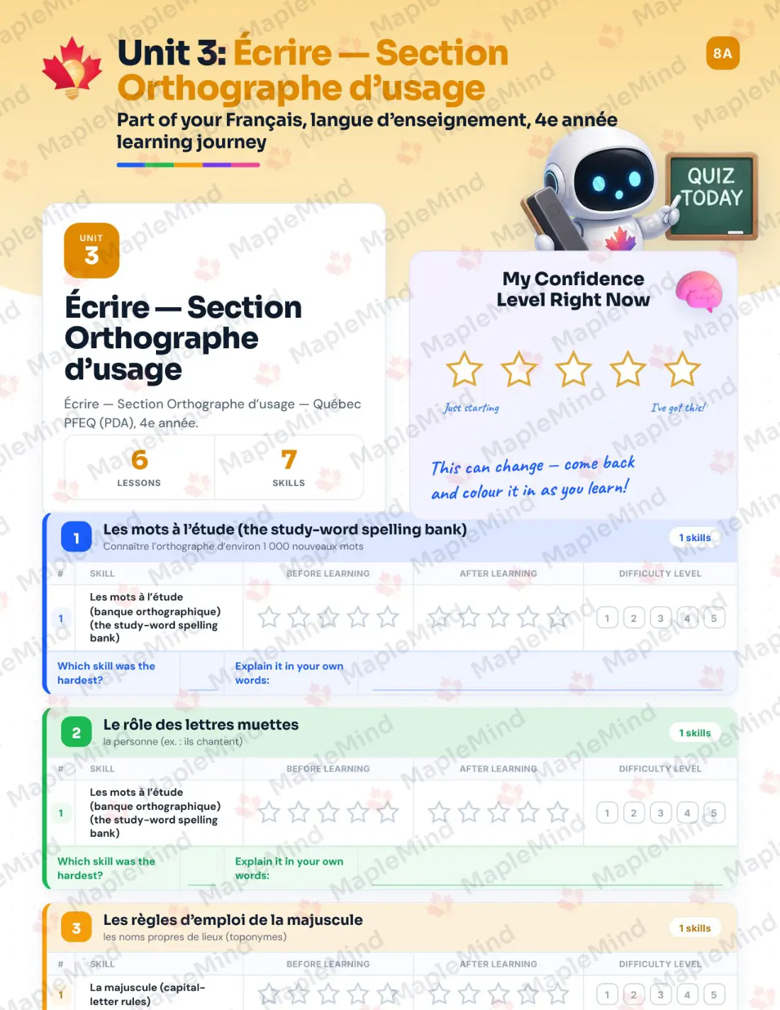 Page 21 of 79 from the Français, langue d’enseignement, 4e année Quebec Course Companion — skills tracker with before and after self-assessment