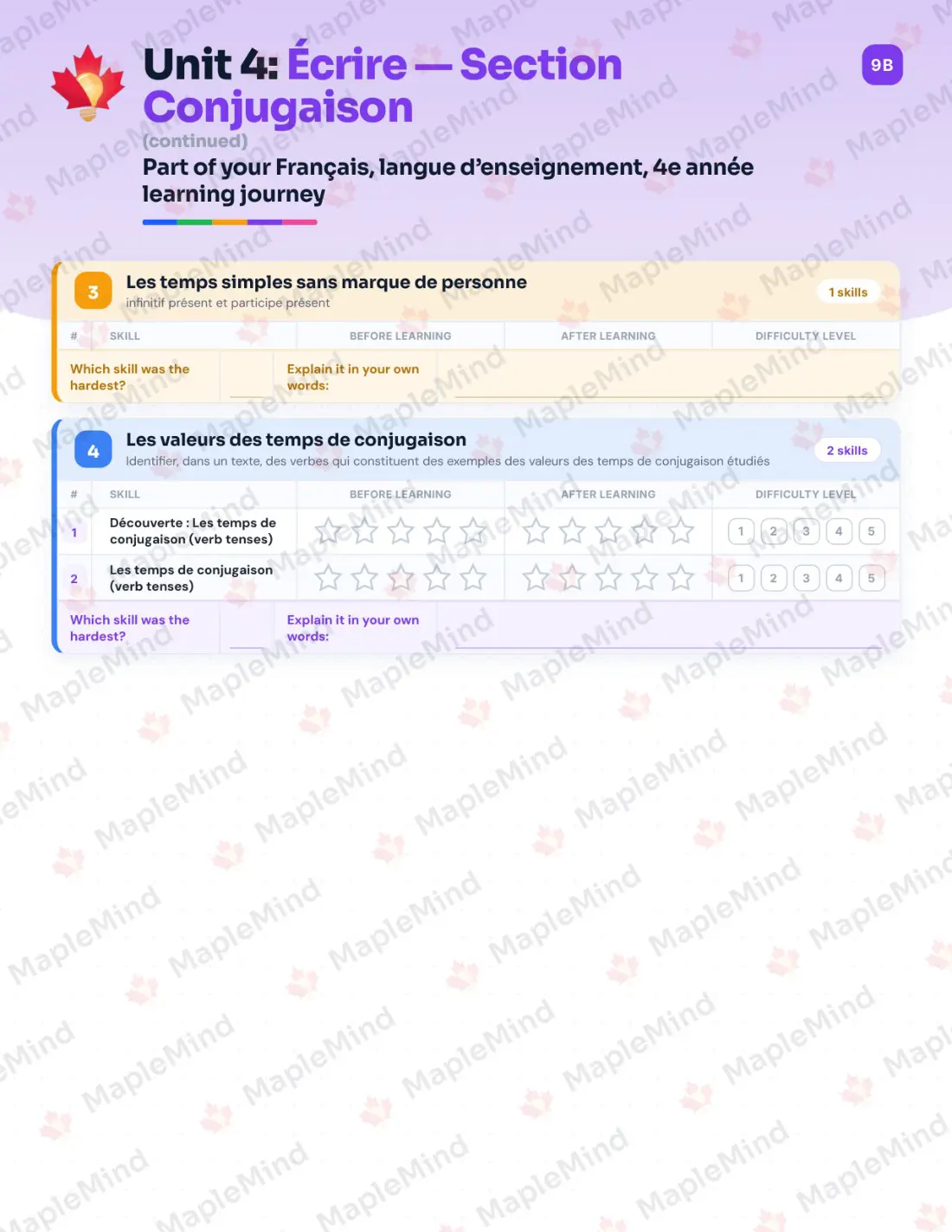 Page 26 of 79 from the Français, langue d’enseignement, 4e année Quebec Course Companion — skills tracker with before and after self-assessment