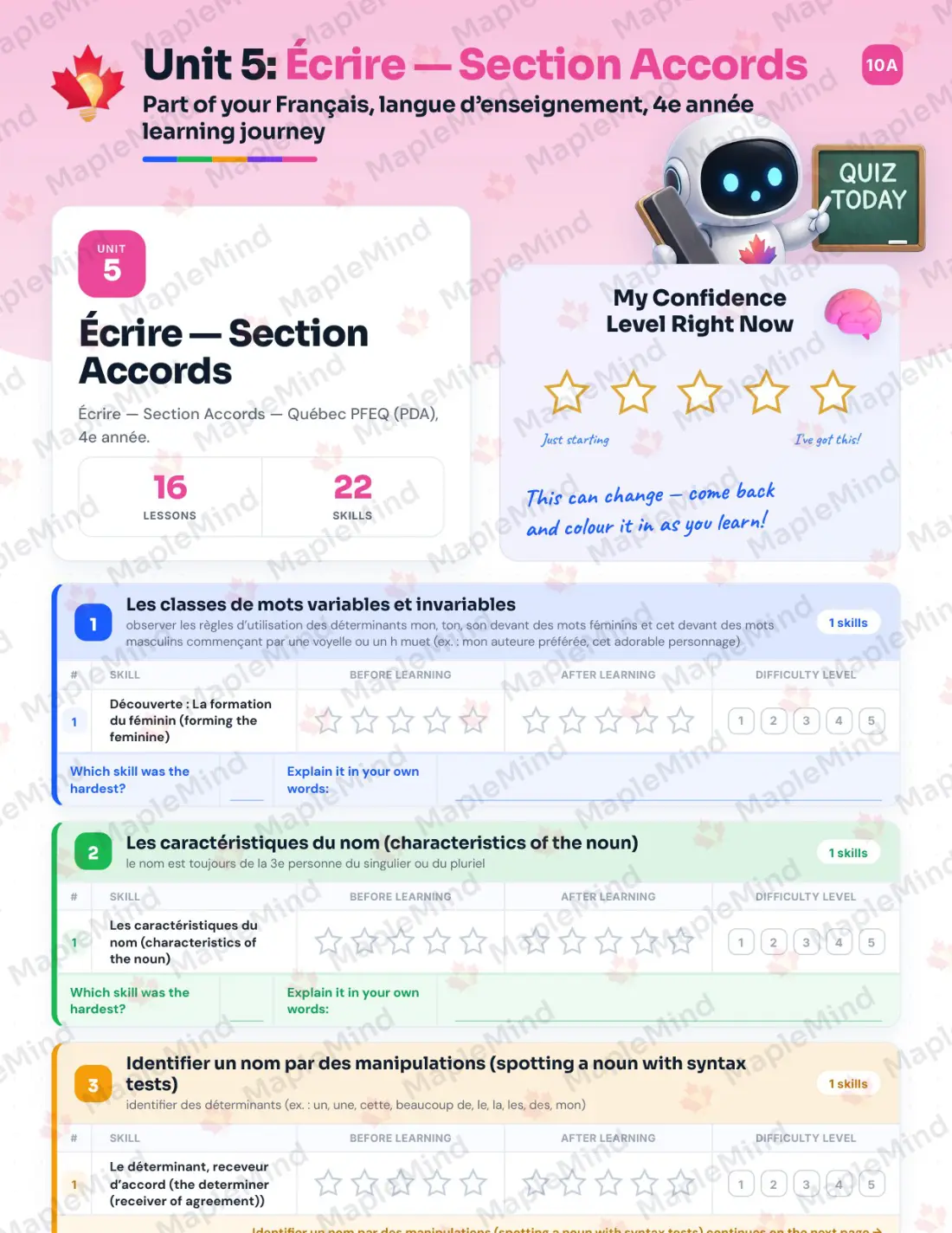 Page 29 of 79 from the Français, langue d’enseignement, 4e année Quebec Course Companion — skills tracker with before and after self-assessment