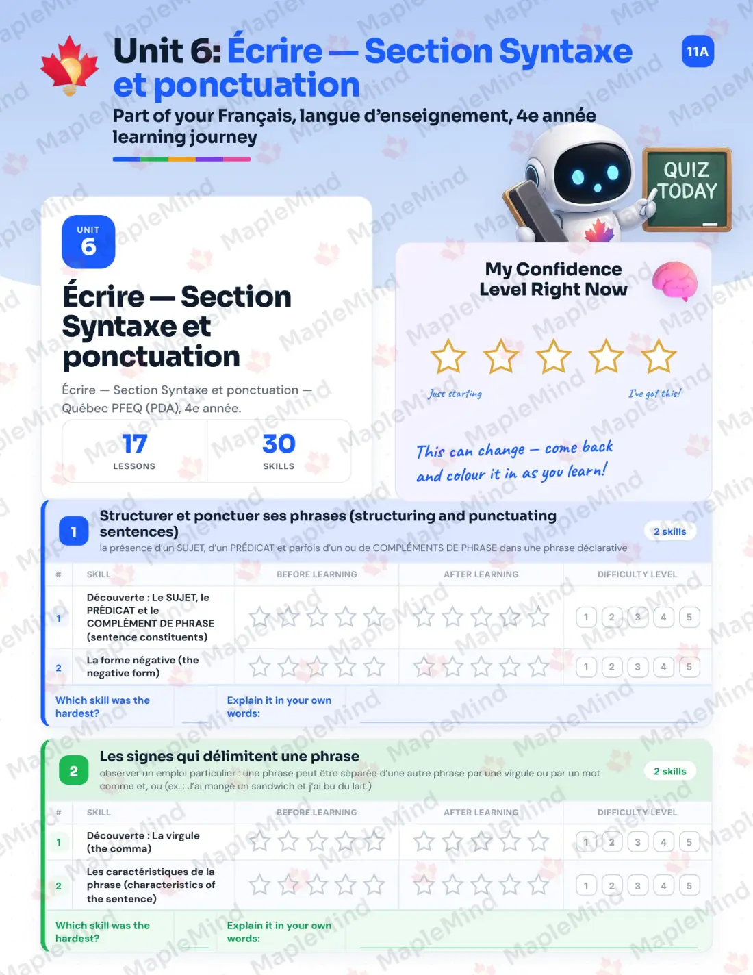 Page 36 of 79 from the Français, langue d’enseignement, 4e année Quebec Course Companion — skills tracker with before and after self-assessment