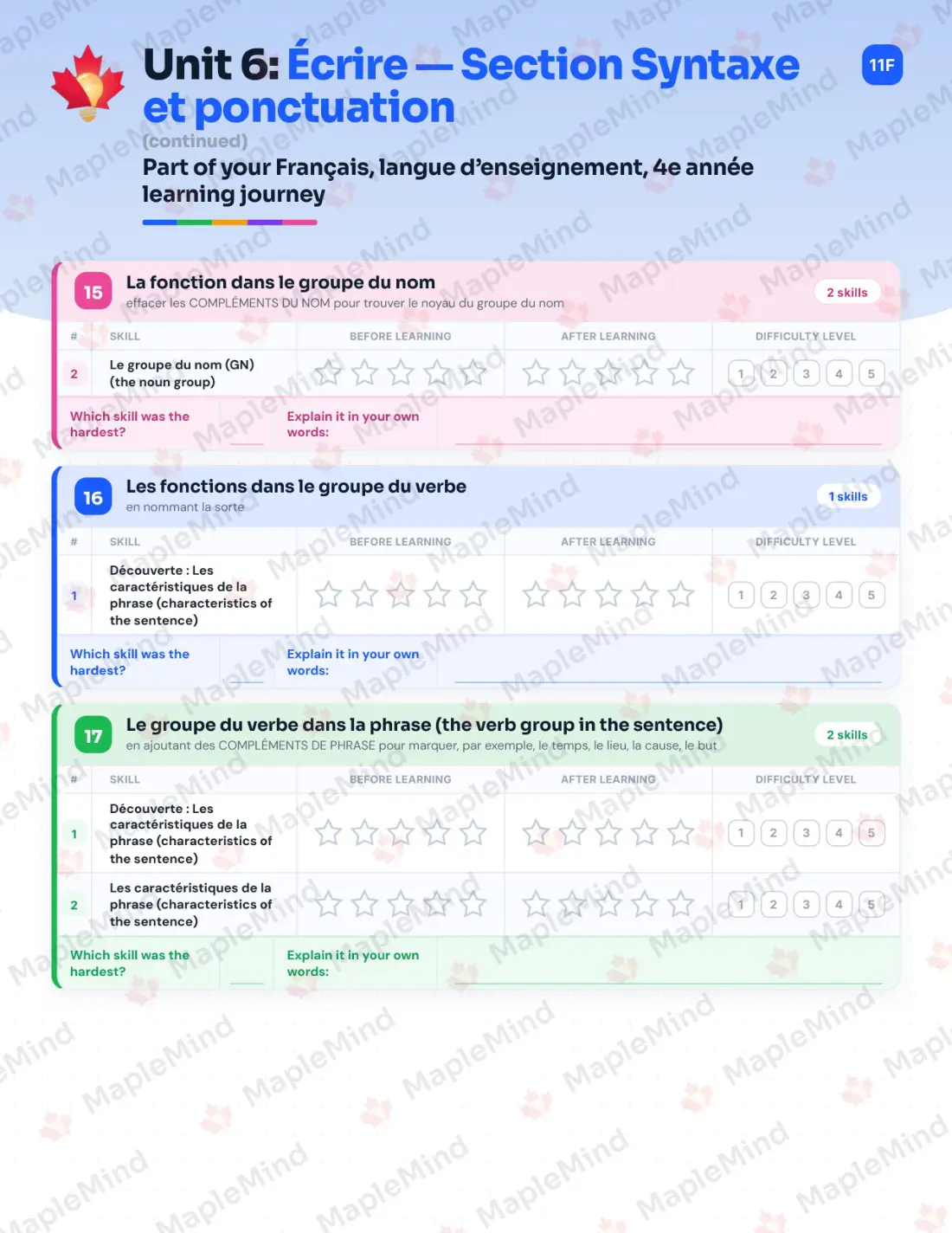 Page 41 of 79 from the Français, langue d’enseignement, 4e année Quebec Course Companion — skills tracker with before and after self-assessment