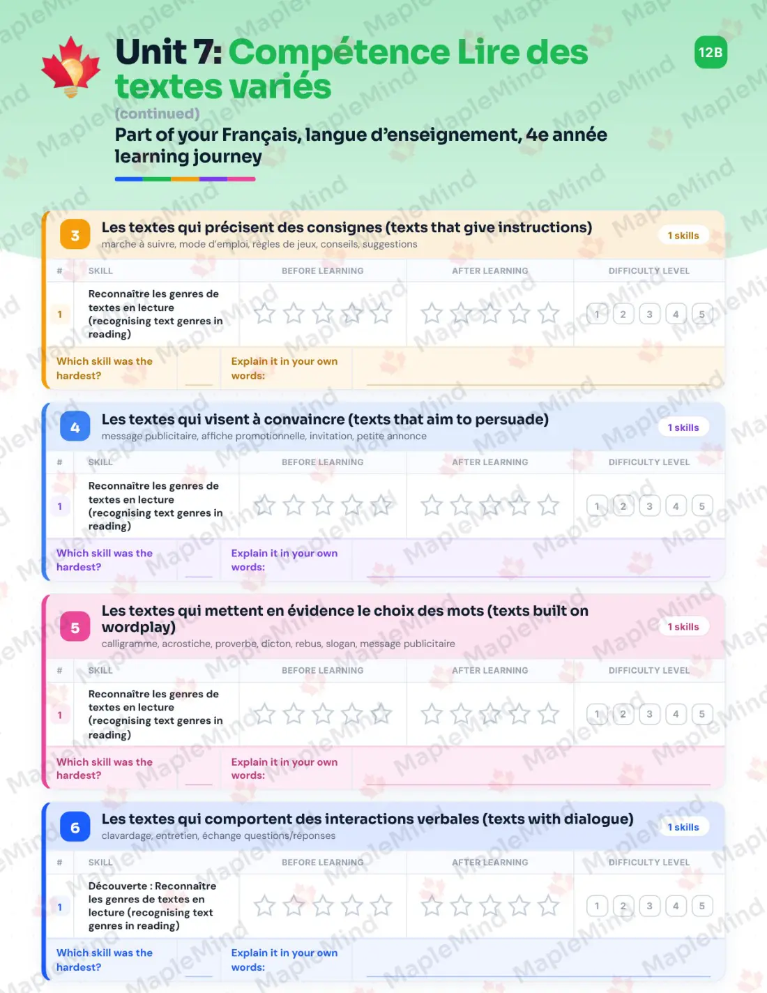 Page 45 of 79 from the Français, langue d’enseignement, 4e année Quebec Course Companion — skills tracker with before and after self-assessment