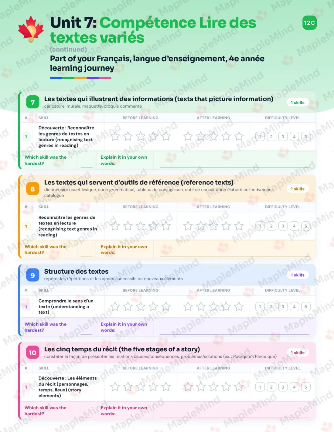 Page 46 of 79 from the Français, langue d’enseignement, 4e année Quebec Course Companion — skills tracker with before and after self-assessment