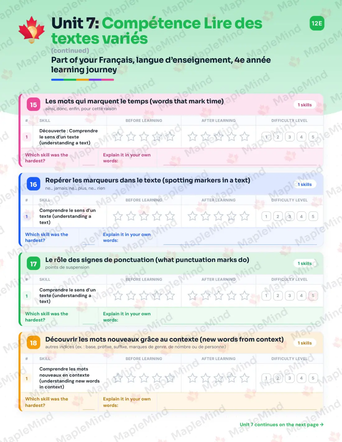 Page 48 of 79 from the Français, langue d’enseignement, 4e année Quebec Course Companion — skills tracker with before and after self-assessment