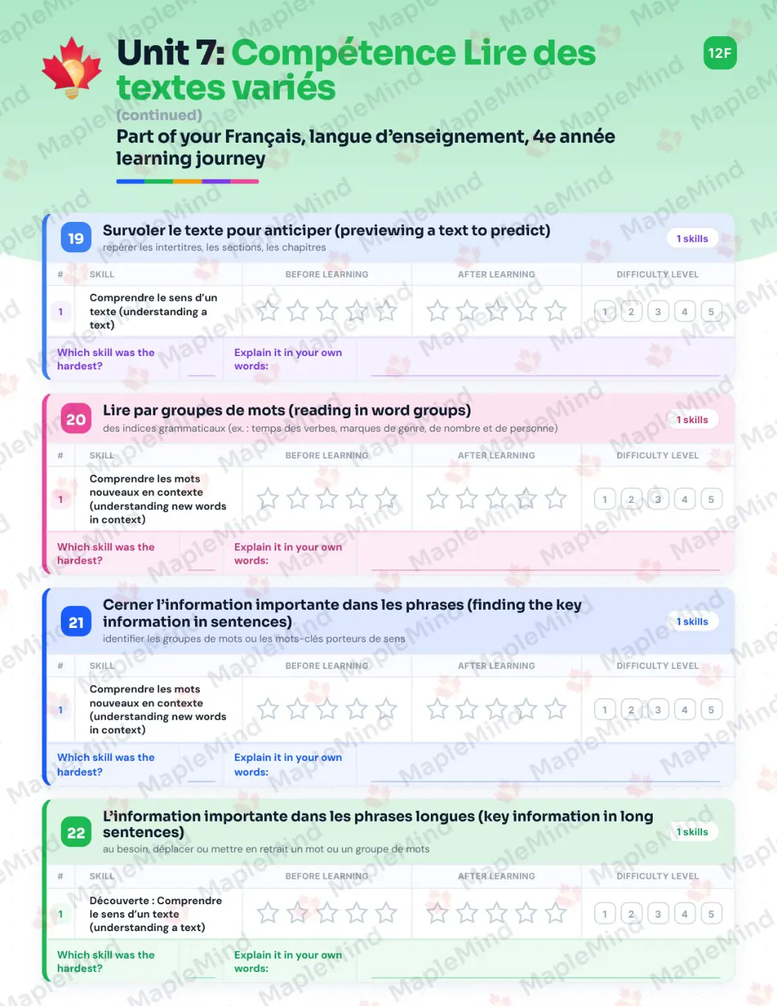 Page 49 of 79 from the Français, langue d’enseignement, 4e année Quebec Course Companion — skills tracker with before and after self-assessment