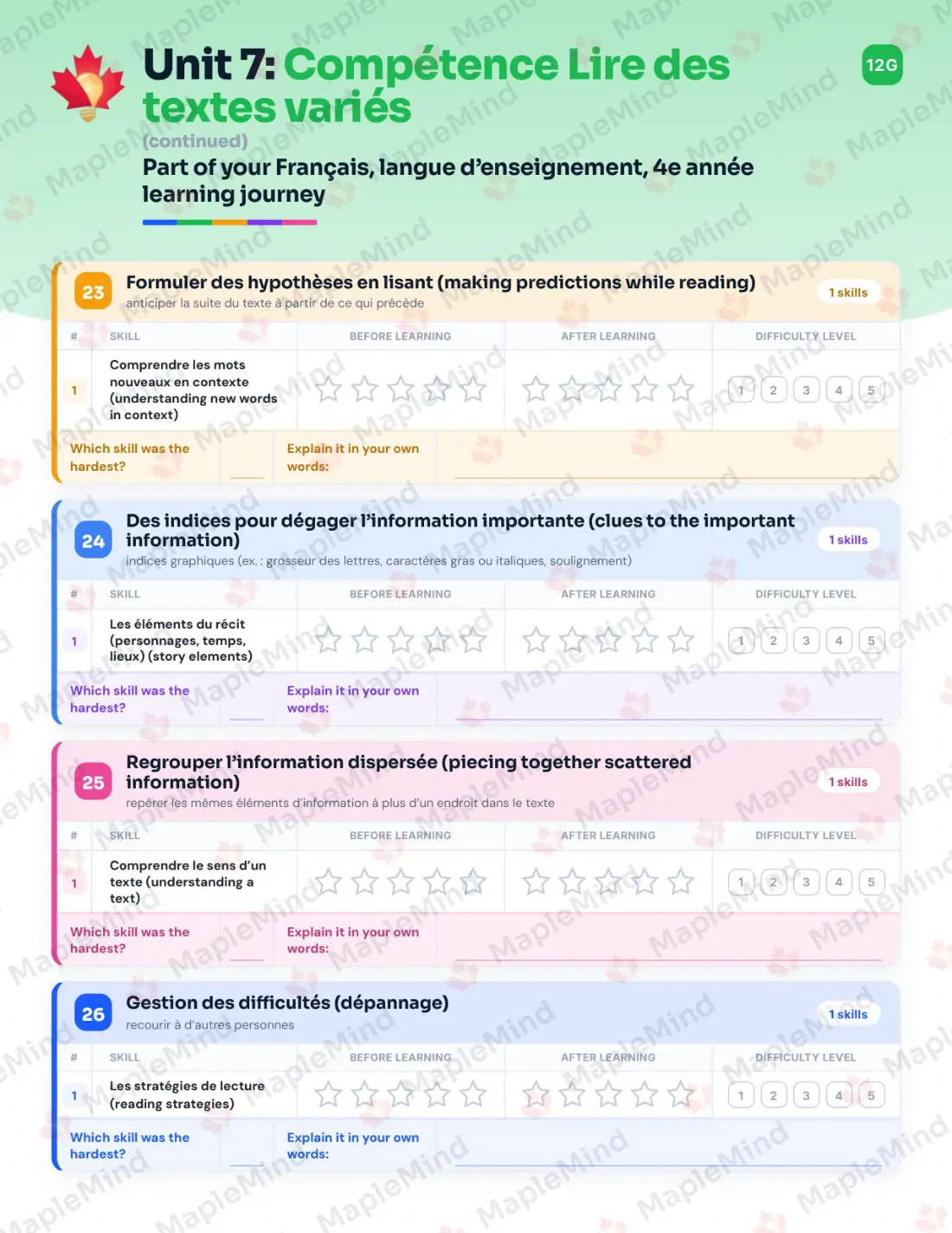 Page 50 of 79 from the Français, langue d’enseignement, 4e année Quebec Course Companion — skills tracker with before and after self-assessment