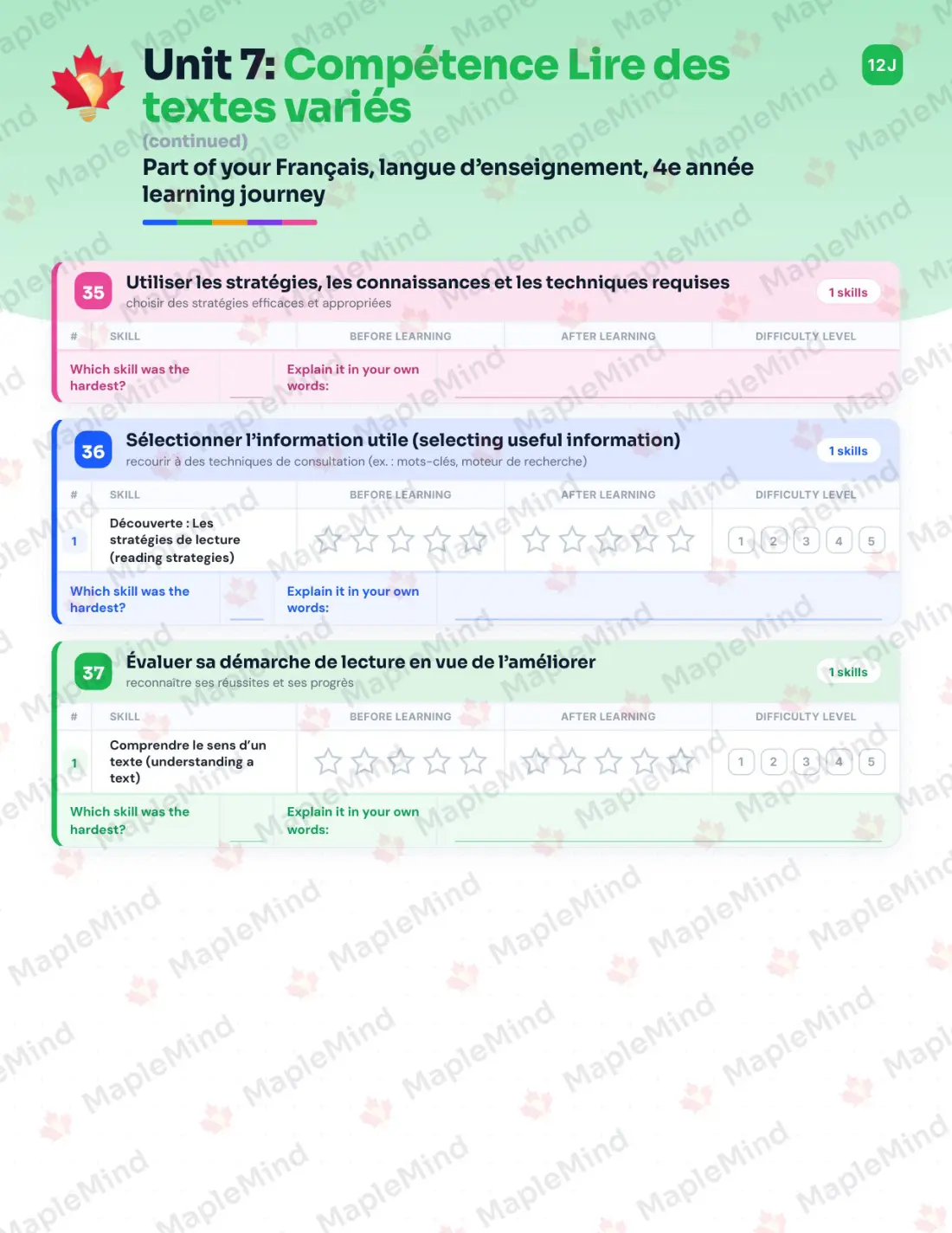 Page 53 of 79 from the Français, langue d’enseignement, 4e année Quebec Course Companion — skills tracker with before and after self-assessment