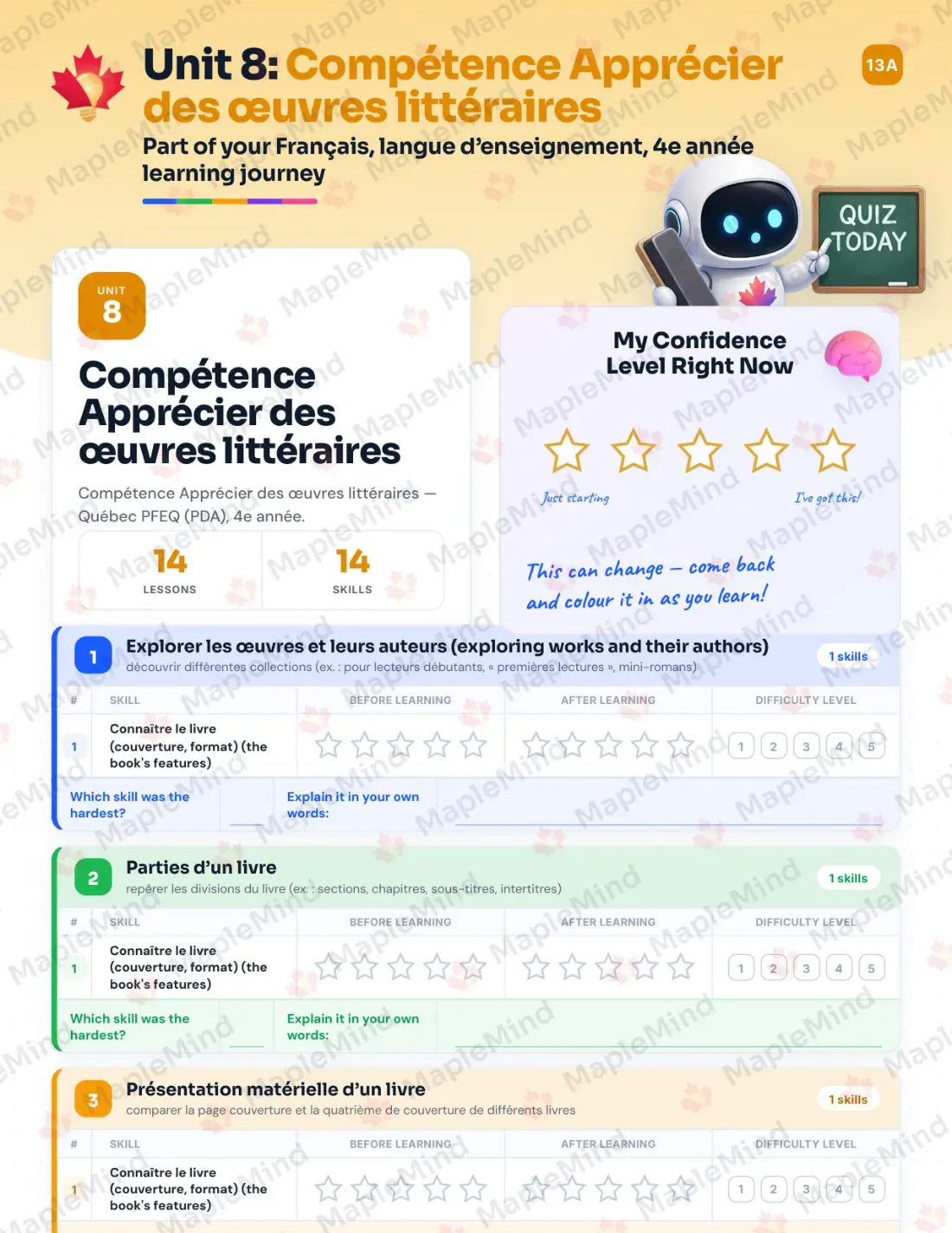 Page 56 of 79 from the Français, langue d’enseignement, 4e année Quebec Course Companion — skills tracker with before and after self-assessment