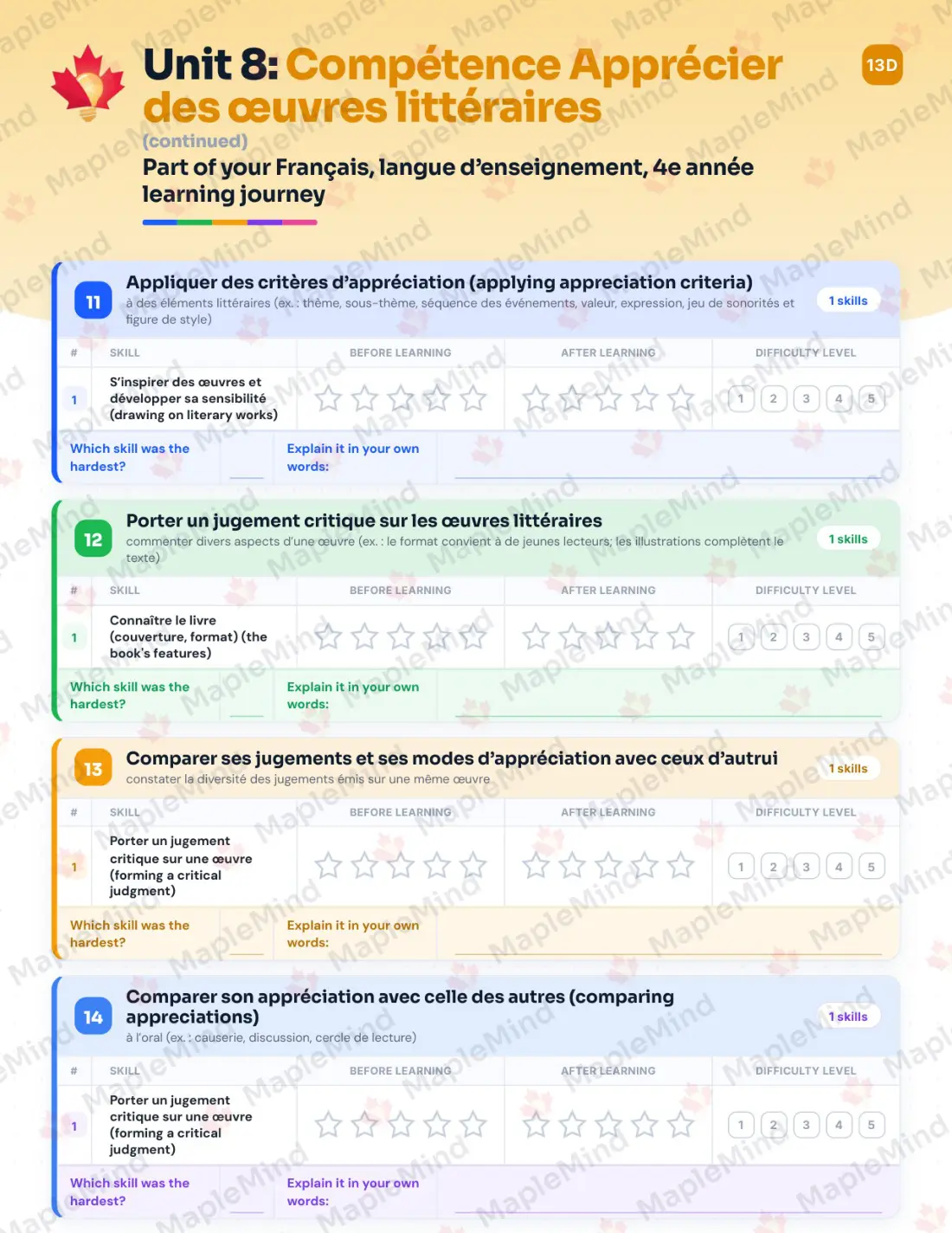 Page 59 of 79 from the Français, langue d’enseignement, 4e année Quebec Course Companion — skills tracker with before and after self-assessment