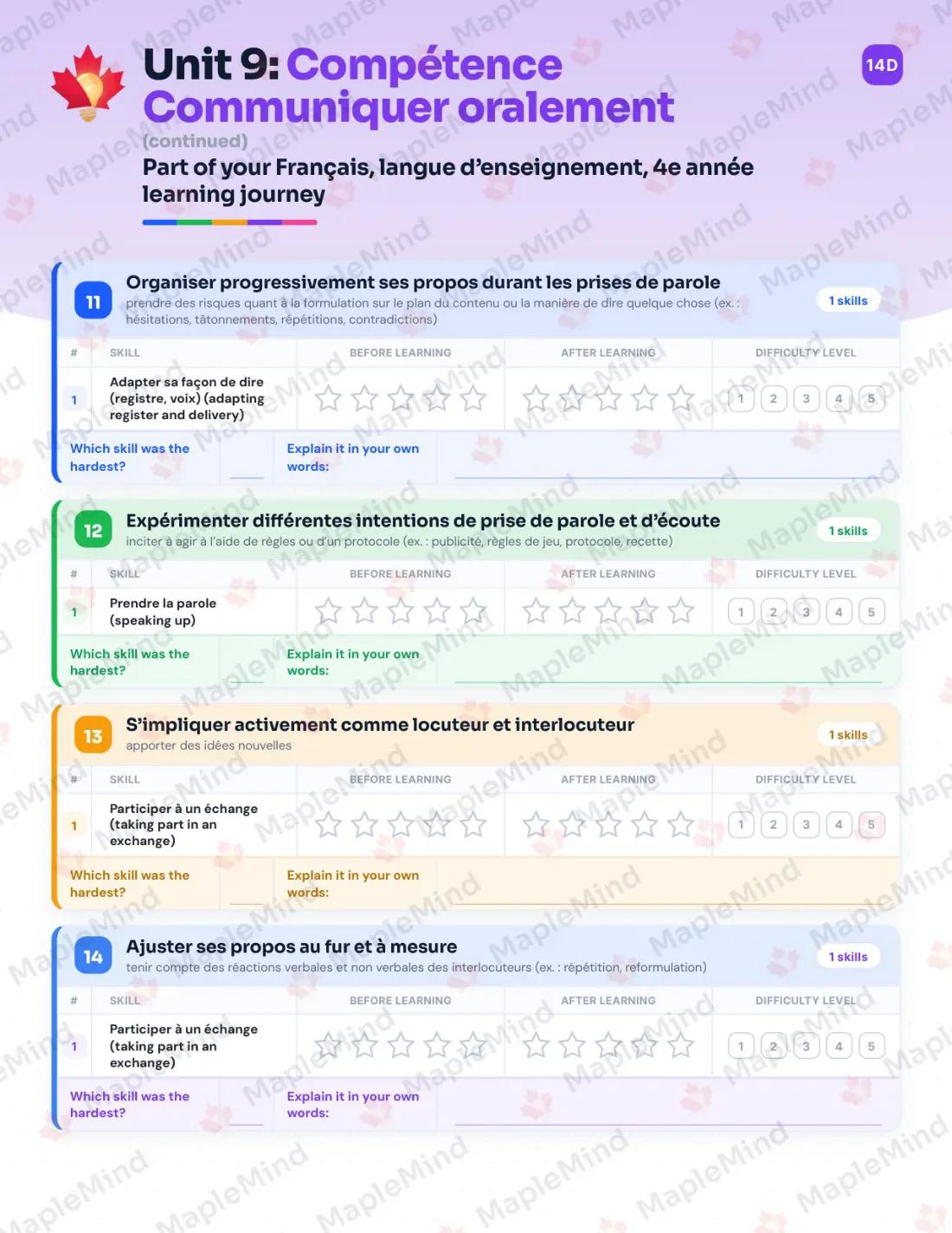 Page 65 of 79 from the Français, langue d’enseignement, 4e année Quebec Course Companion — skills tracker with before and after self-assessment