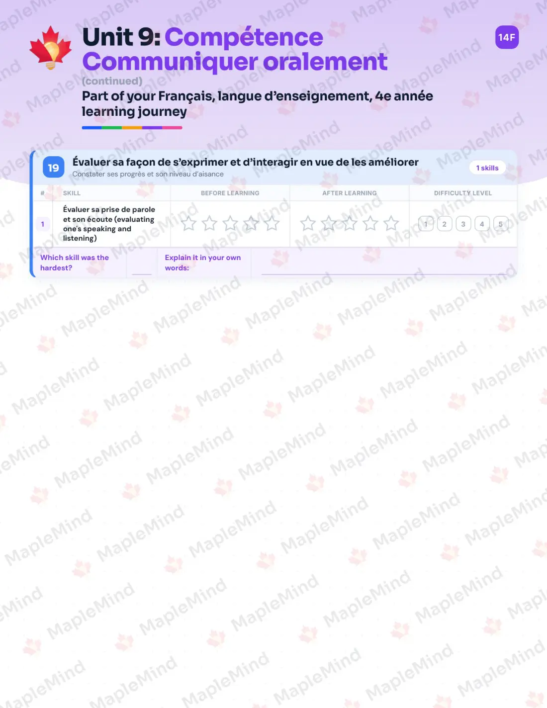 Page 67 of 79 from the Français, langue d’enseignement, 4e année Quebec Course Companion — skills tracker with before and after self-assessment