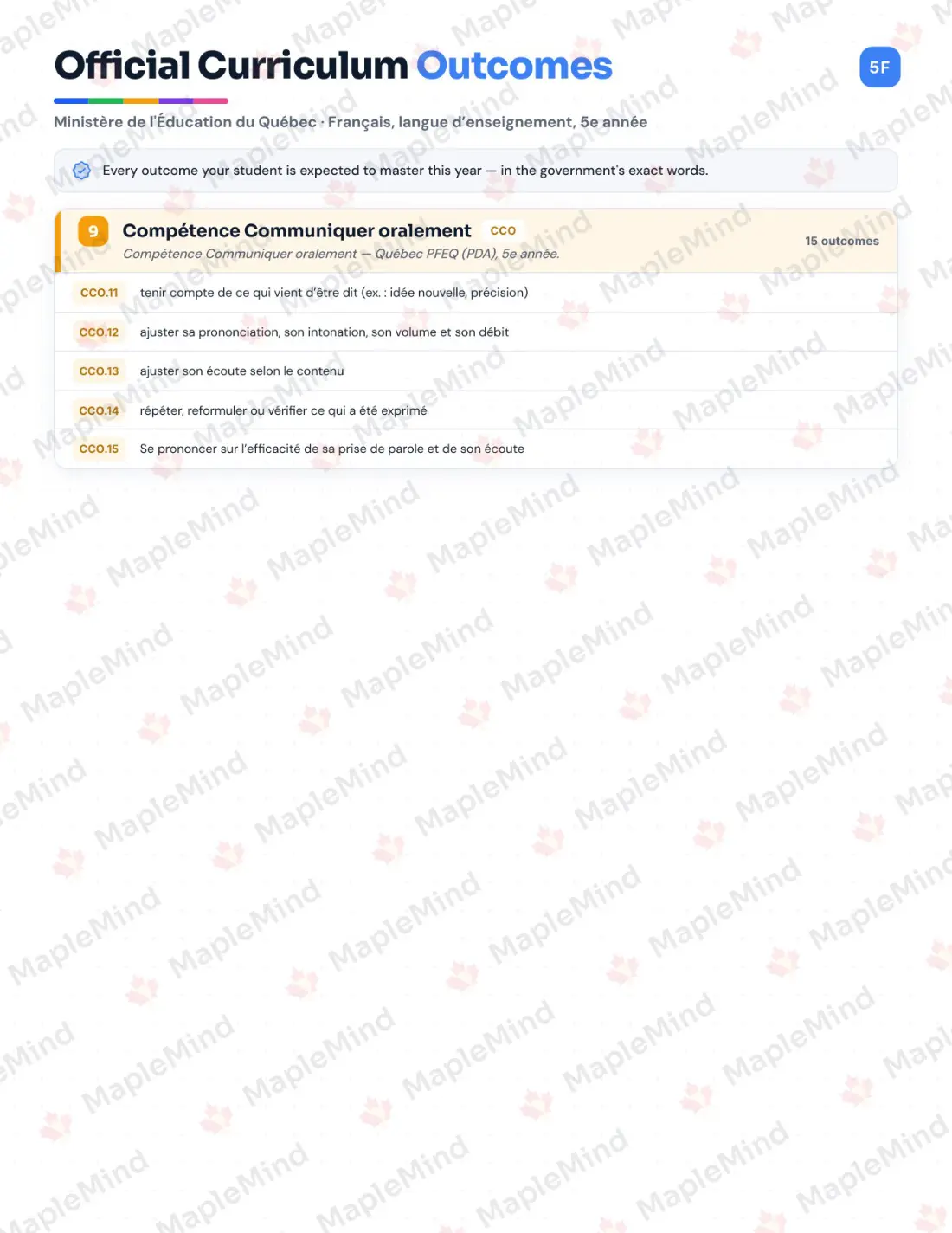 Page 10 of 72 from the Français, langue d’enseignement, 5e année Quebec Course Companion — skills tracker with before and after self-assessment