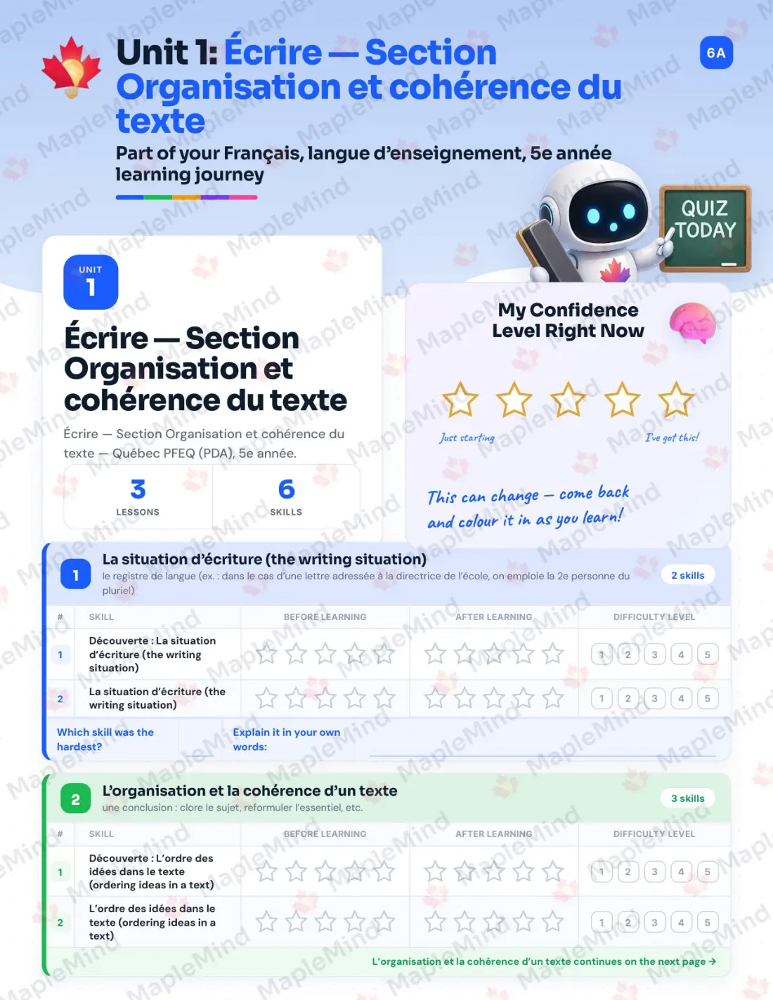 Page 11 of 72 from the Français, langue d’enseignement, 5e année Quebec Course Companion — skills tracker with before and after self-assessment