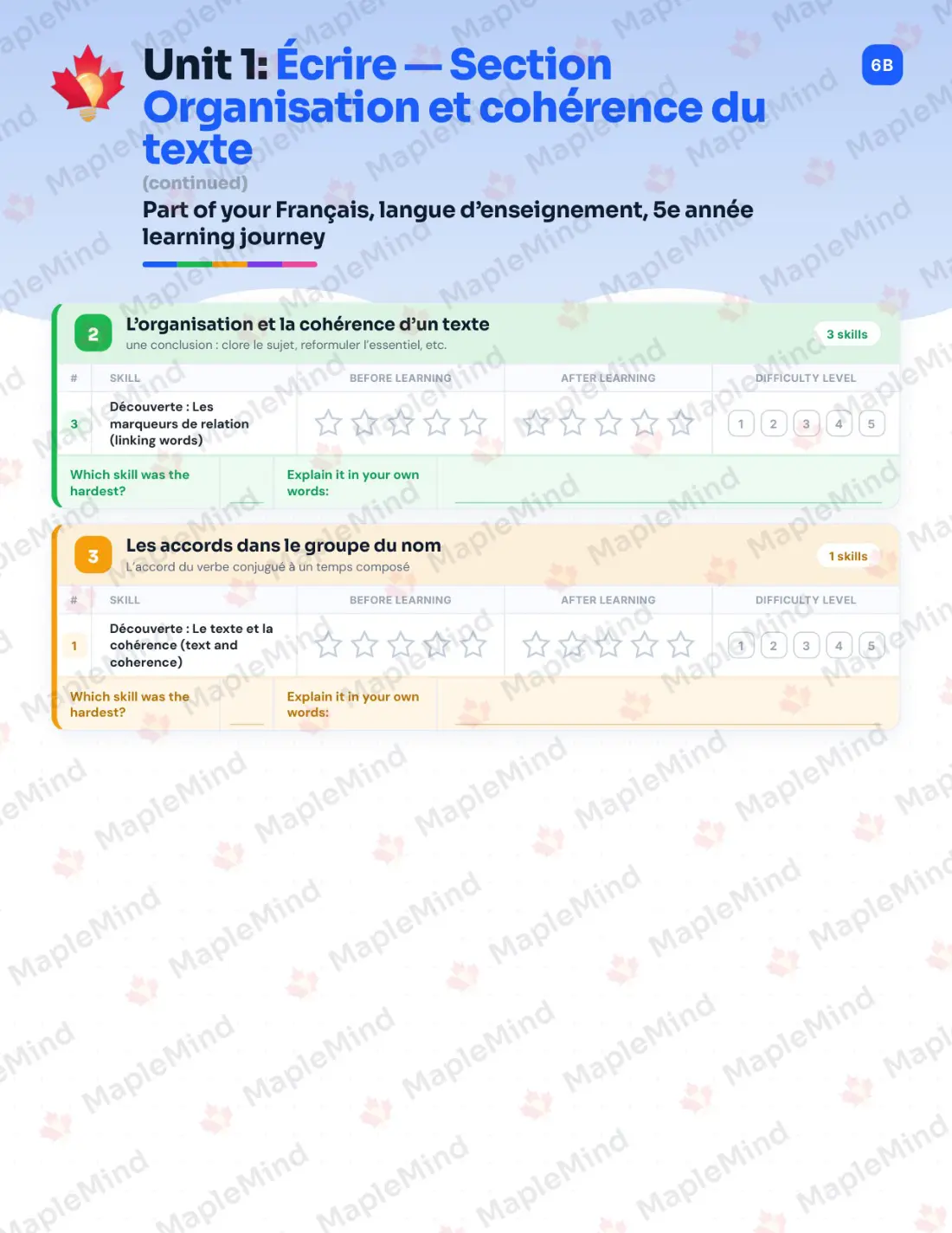 Page 12 of 72 from the Français, langue d’enseignement, 5e année Quebec Course Companion — skills tracker with before and after self-assessment