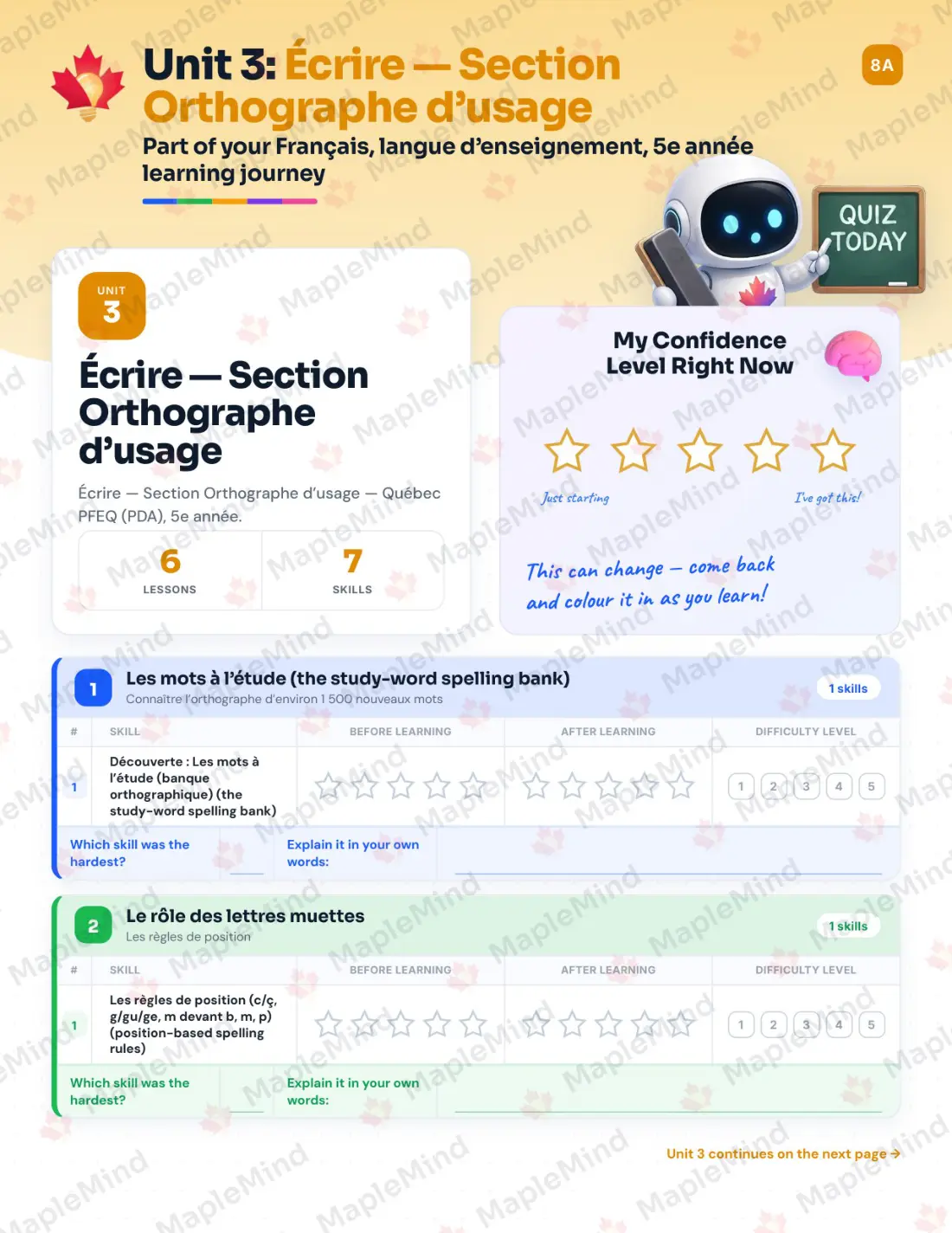 Page 19 of 72 from the Français, langue d’enseignement, 5e année Quebec Course Companion — skills tracker with before and after self-assessment