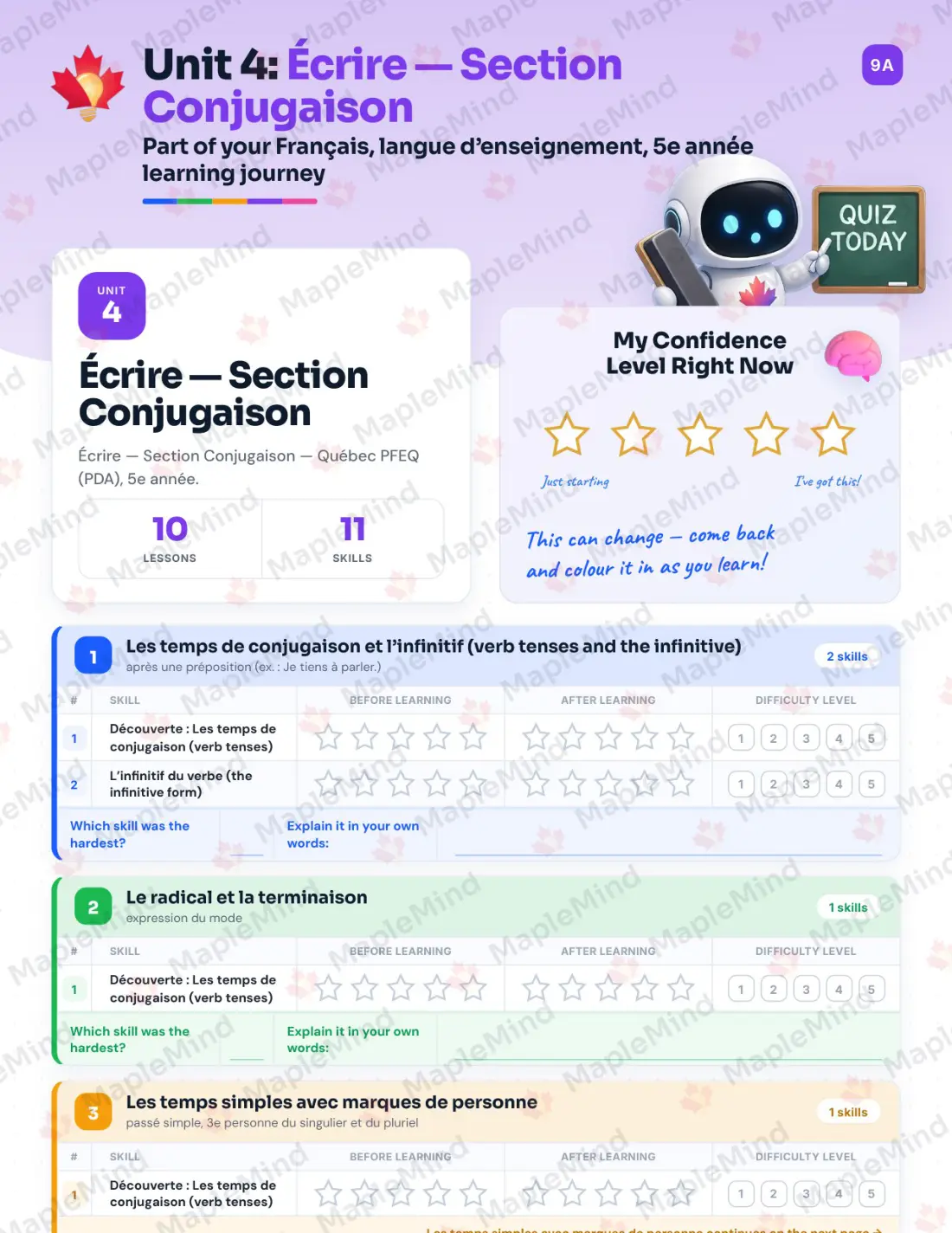 Page 23 of 72 from the Français, langue d’enseignement, 5e année Quebec Course Companion — skills tracker with before and after self-assessment