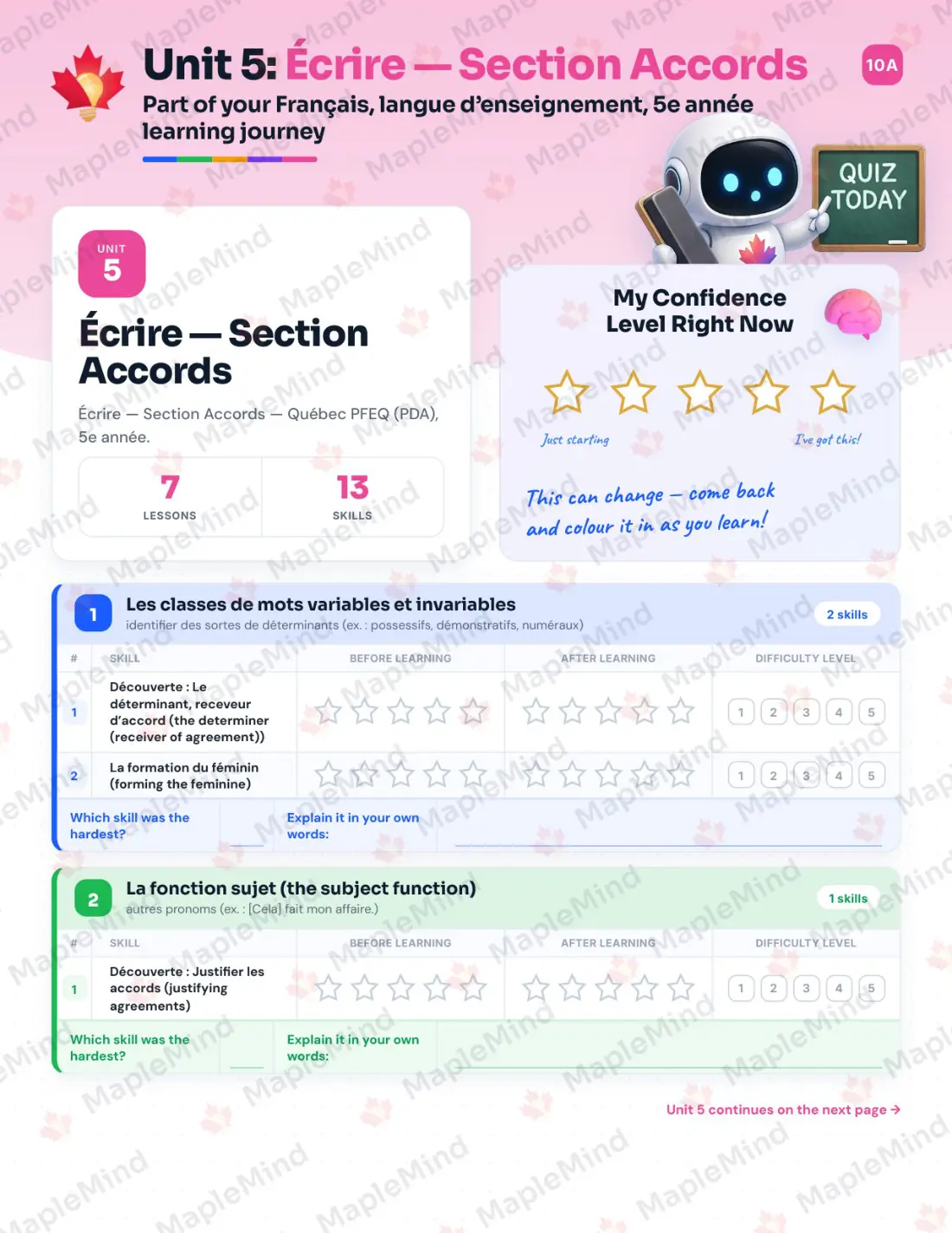 Page 28 of 72 from the Français, langue d’enseignement, 5e année Quebec Course Companion — skills tracker with before and after self-assessment