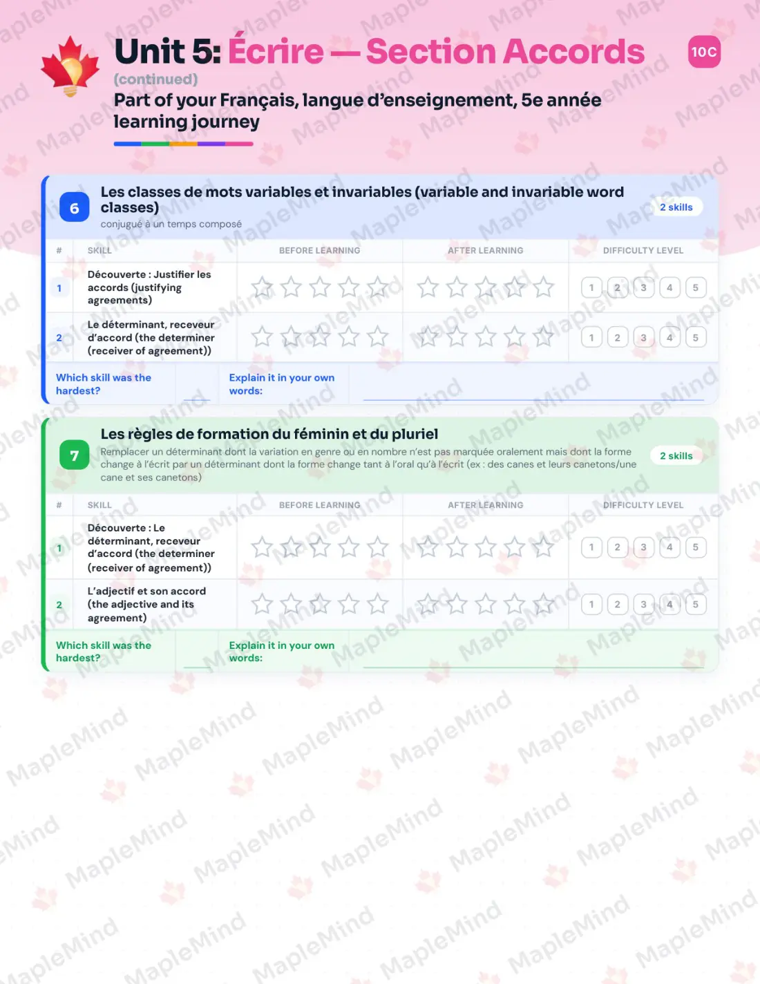 Page 30 of 72 from the Français, langue d’enseignement, 5e année Quebec Course Companion — skills tracker with before and after self-assessment