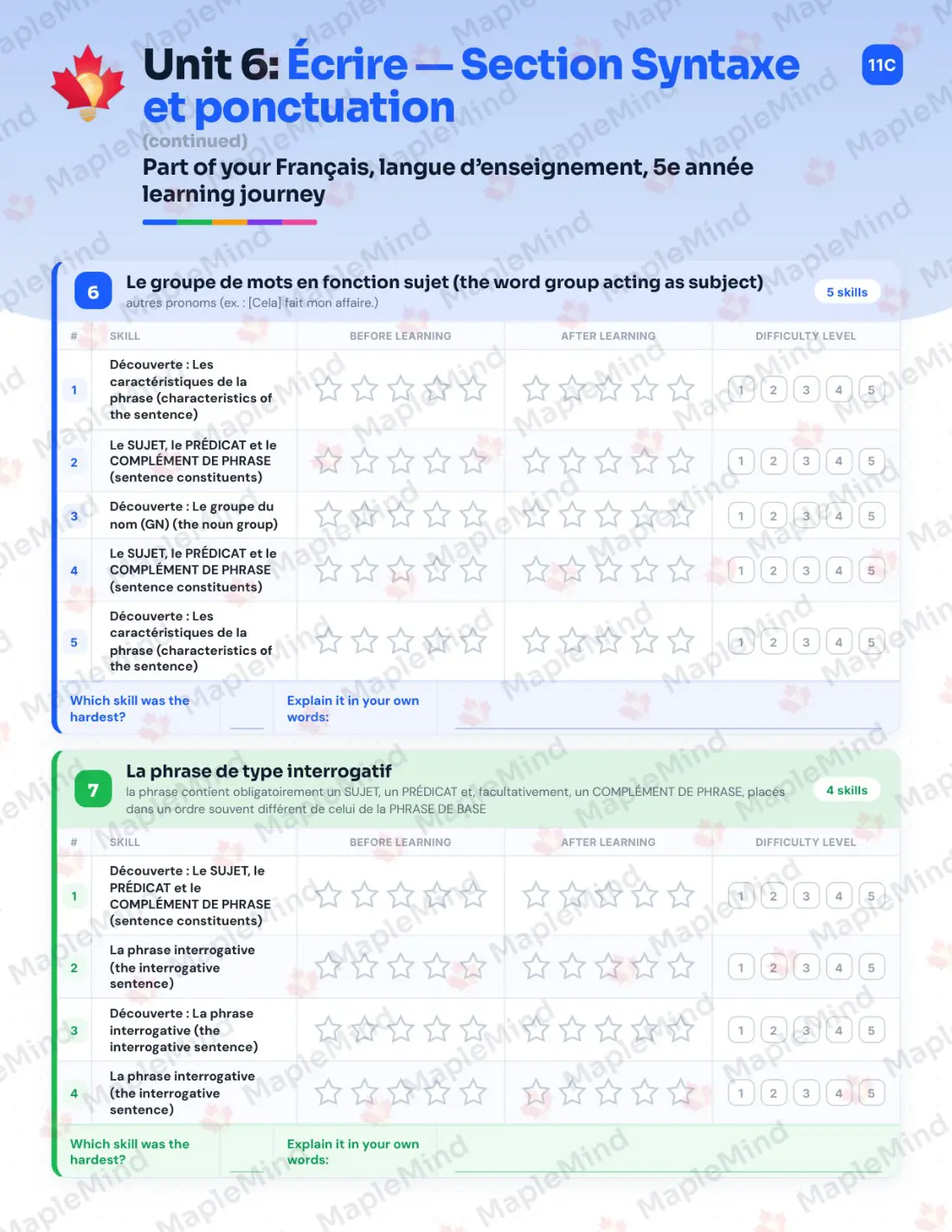 Page 35 of 72 from the Français, langue d’enseignement, 5e année Quebec Course Companion — skills tracker with before and after self-assessment