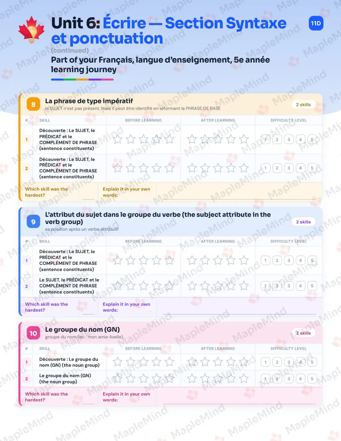 Page 36 of 72 from the Français, langue d’enseignement, 5e année Quebec Course Companion — skills tracker with before and after self-assessment