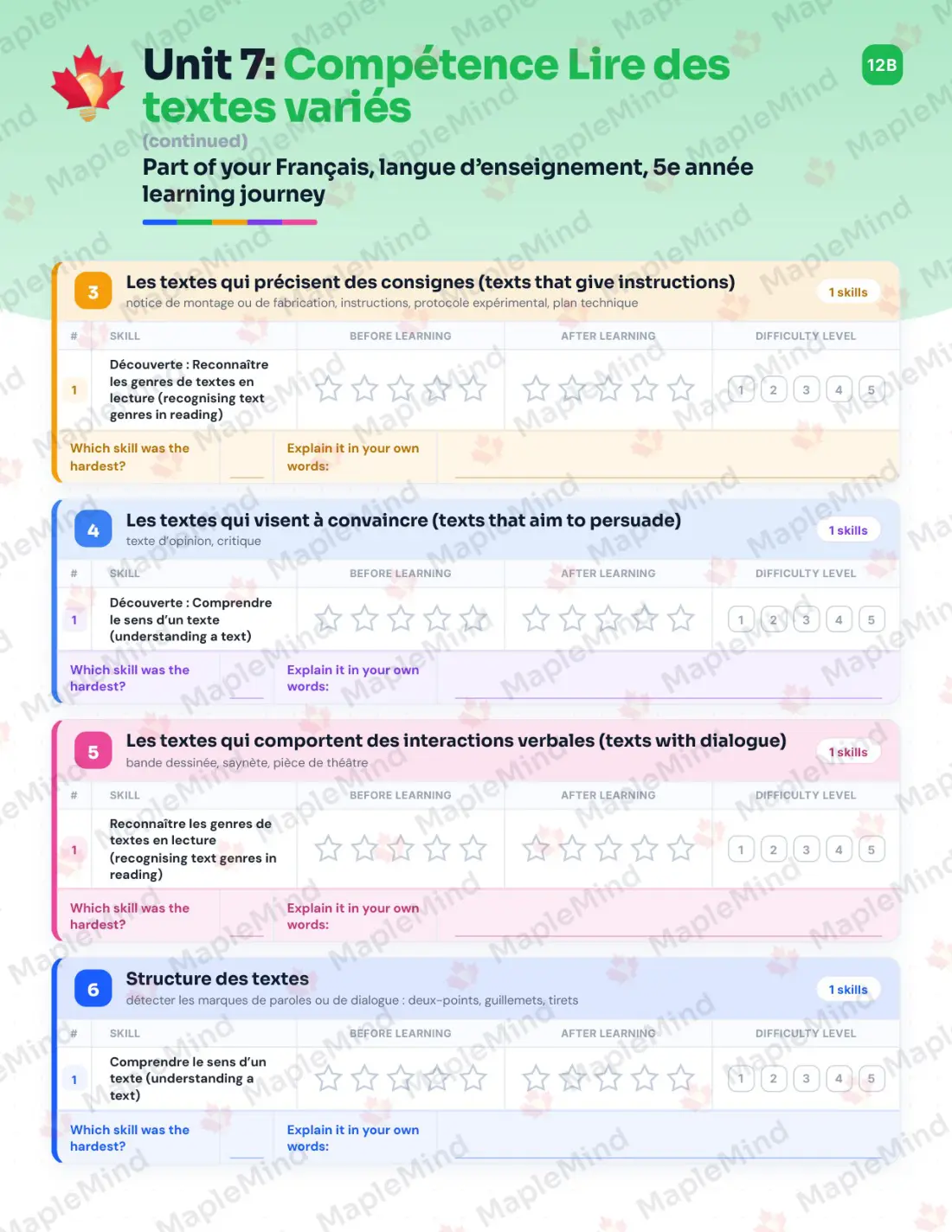 Page 41 of 72 from the Français, langue d’enseignement, 5e année Quebec Course Companion — skills tracker with before and after self-assessment