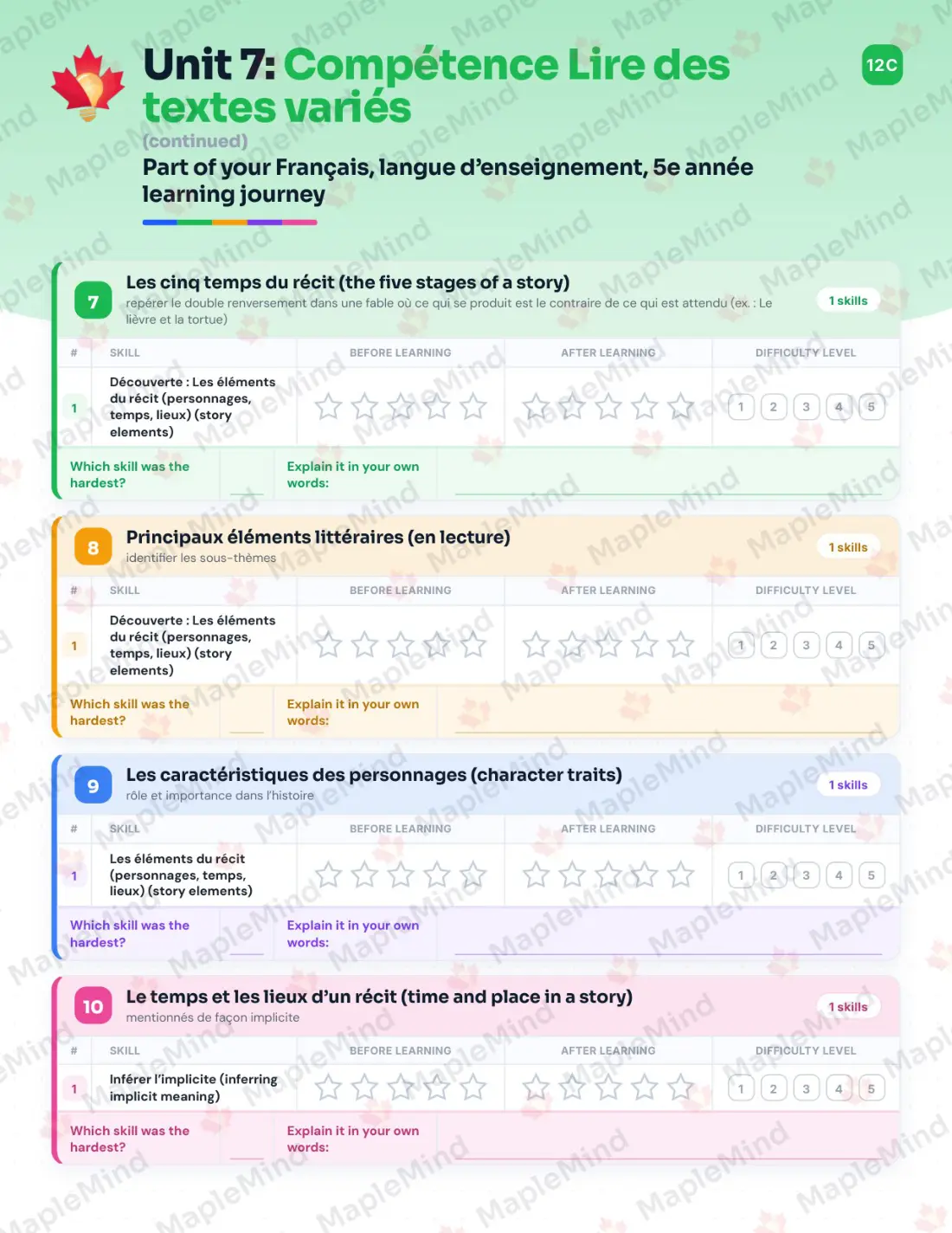 Page 42 of 72 from the Français, langue d’enseignement, 5e année Quebec Course Companion — skills tracker with before and after self-assessment