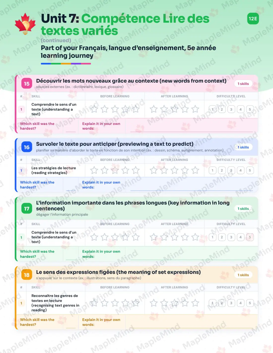 Page 44 of 72 from the Français, langue d’enseignement, 5e année Quebec Course Companion — skills tracker with before and after self-assessment