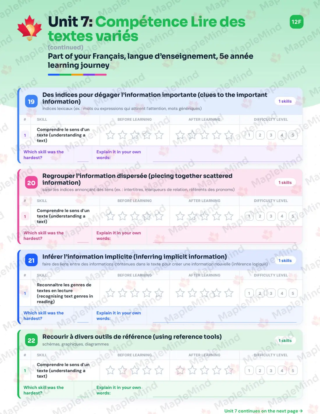 Page 45 of 72 from the Français, langue d’enseignement, 5e année Quebec Course Companion — skills tracker with before and after self-assessment