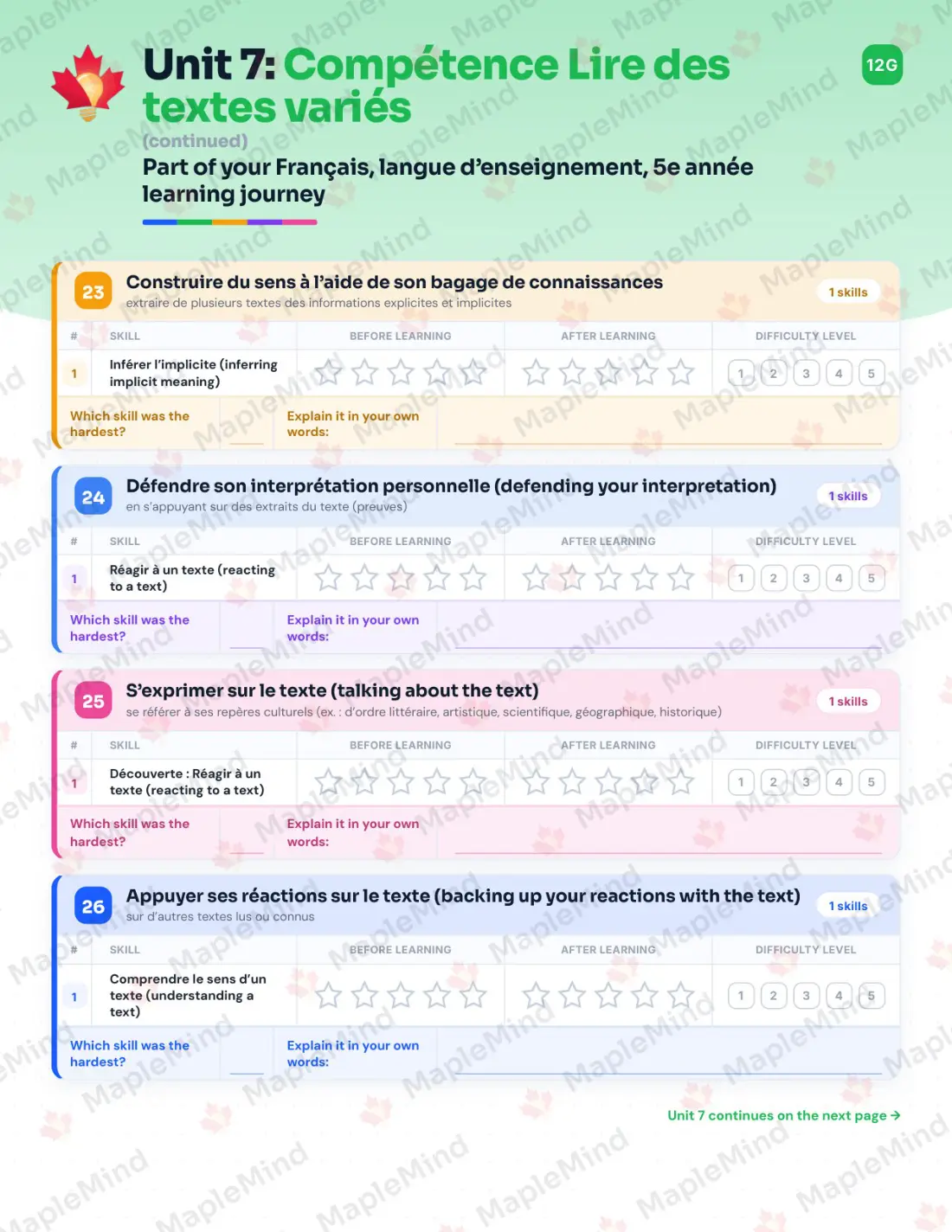Page 46 of 72 from the Français, langue d’enseignement, 5e année Quebec Course Companion — skills tracker with before and after self-assessment