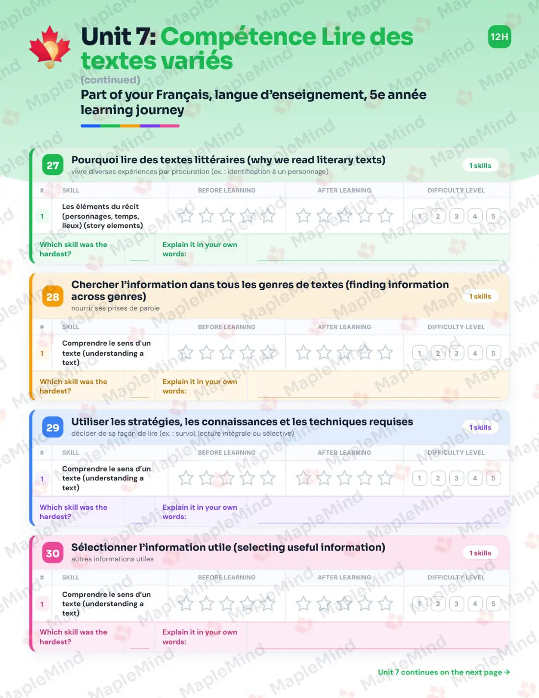 Page 47 of 72 from the Français, langue d’enseignement, 5e année Quebec Course Companion — skills tracker with before and after self-assessment