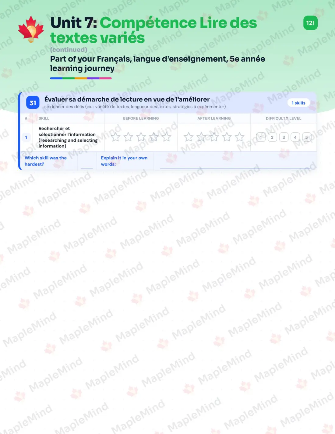 Page 48 of 72 from the Français, langue d’enseignement, 5e année Quebec Course Companion — skills tracker with before and after self-assessment