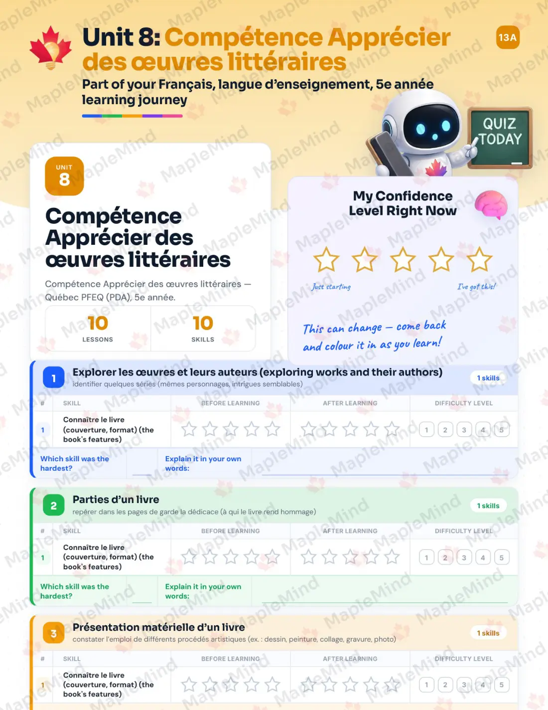 Page 51 of 72 from the Français, langue d’enseignement, 5e année Quebec Course Companion — skills tracker with before and after self-assessment