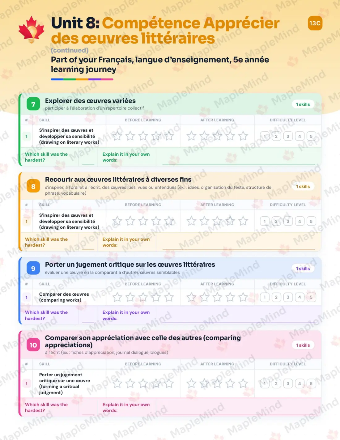 Page 53 of 72 from the Français, langue d’enseignement, 5e année Quebec Course Companion — skills tracker with before and after self-assessment