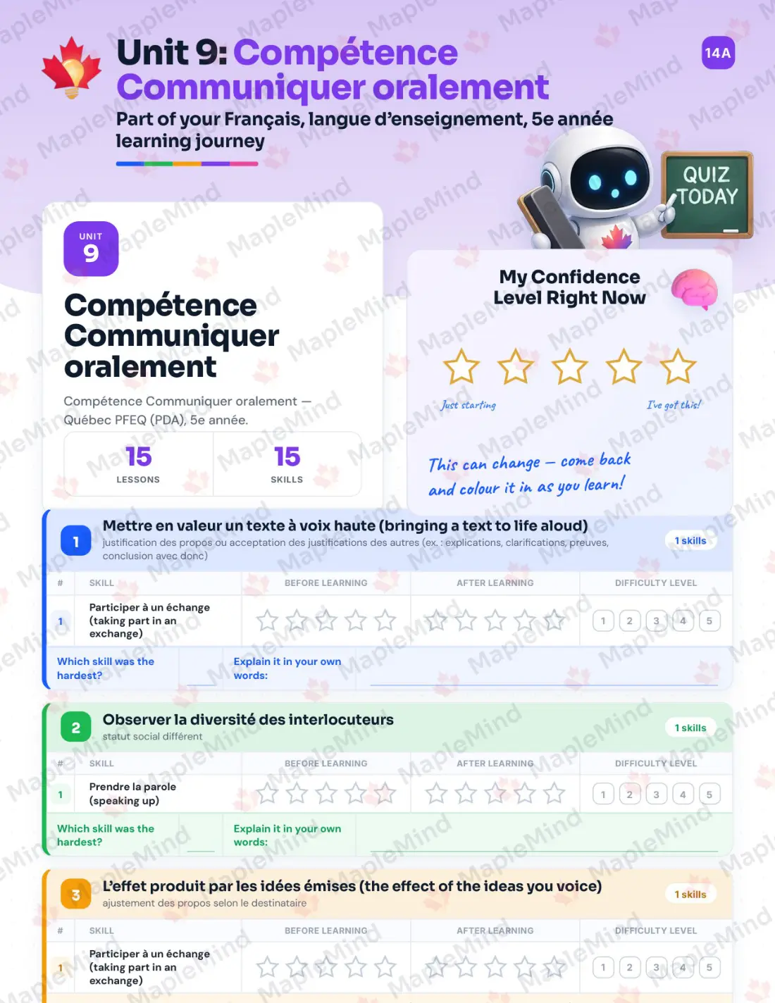 Page 56 of 72 from the Français, langue d’enseignement, 5e année Quebec Course Companion — skills tracker with before and after self-assessment