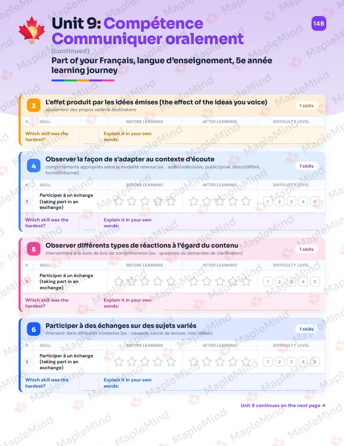Page 57 of 72 from the Français, langue d’enseignement, 5e année Quebec Course Companion — skills tracker with before and after self-assessment