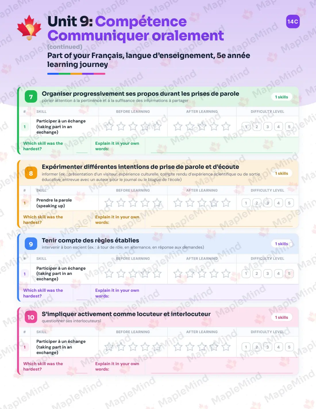 Page 58 of 72 from the Français, langue d’enseignement, 5e année Quebec Course Companion — skills tracker with before and after self-assessment