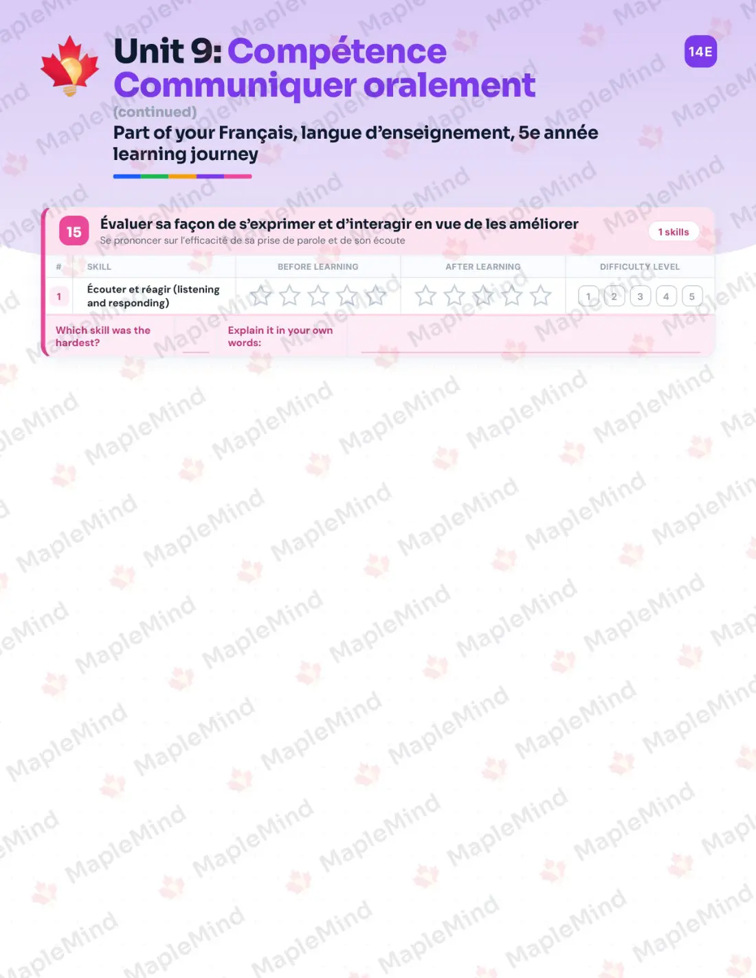Page 60 of 72 from the Français, langue d’enseignement, 5e année Quebec Course Companion — skills tracker with before and after self-assessment