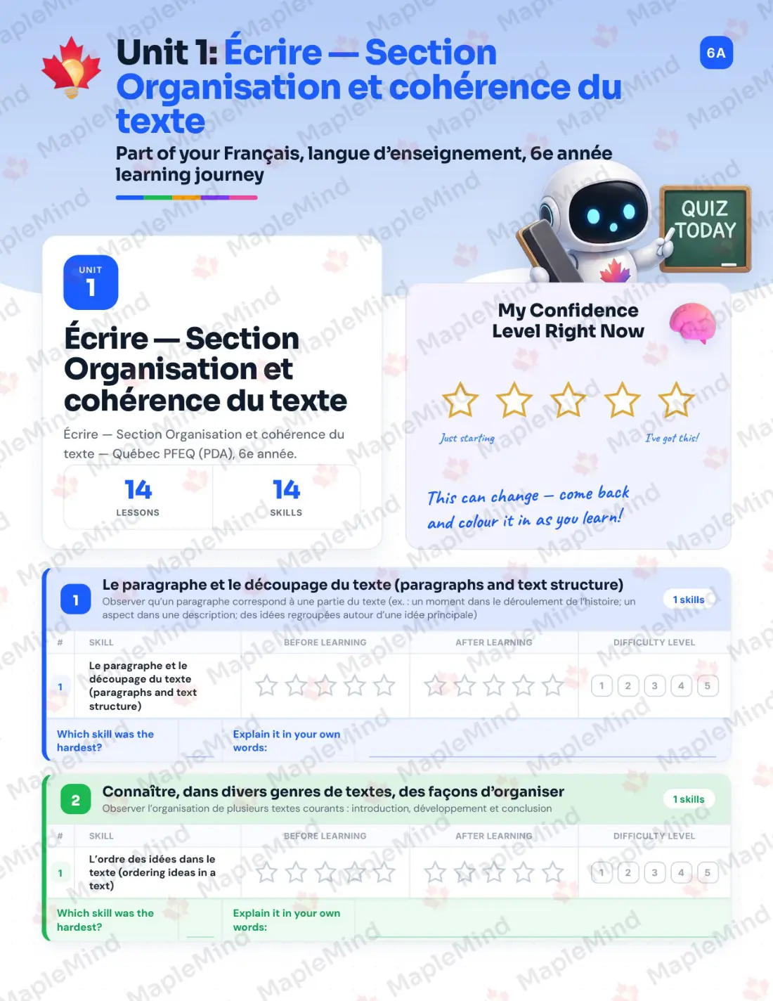 Page 12 of 84 from the Français, langue d’enseignement, 6e année Quebec Course Companion — skills tracker with before and after self-assessment