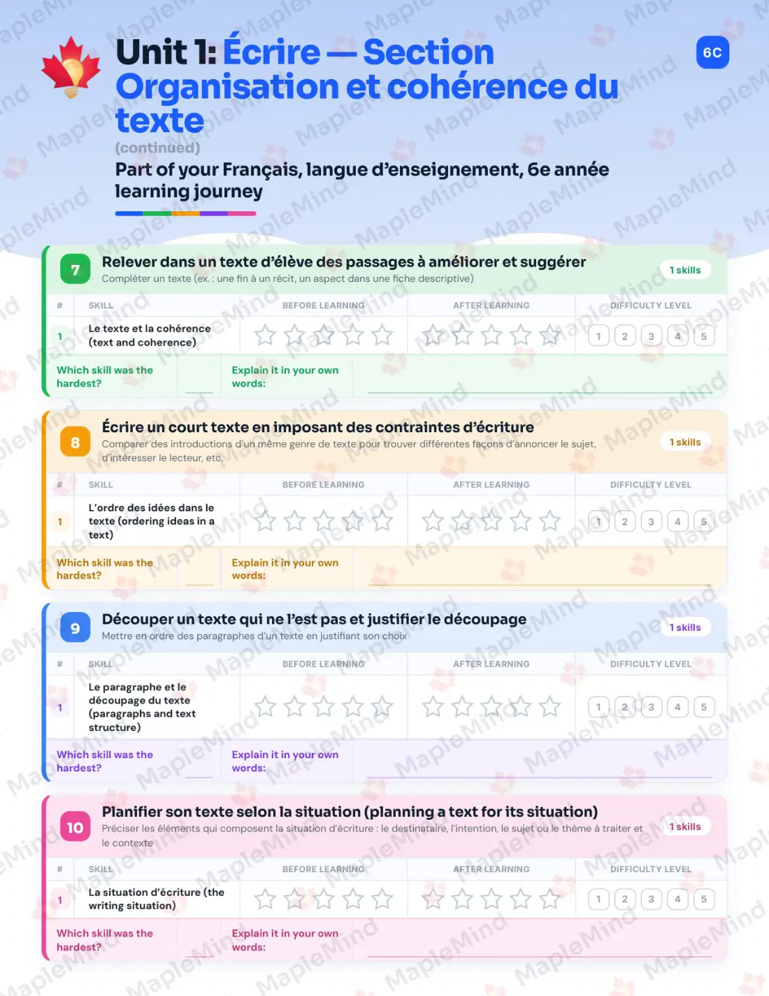 Page 14 of 84 from the Français, langue d’enseignement, 6e année Quebec Course Companion — skills tracker with before and after self-assessment