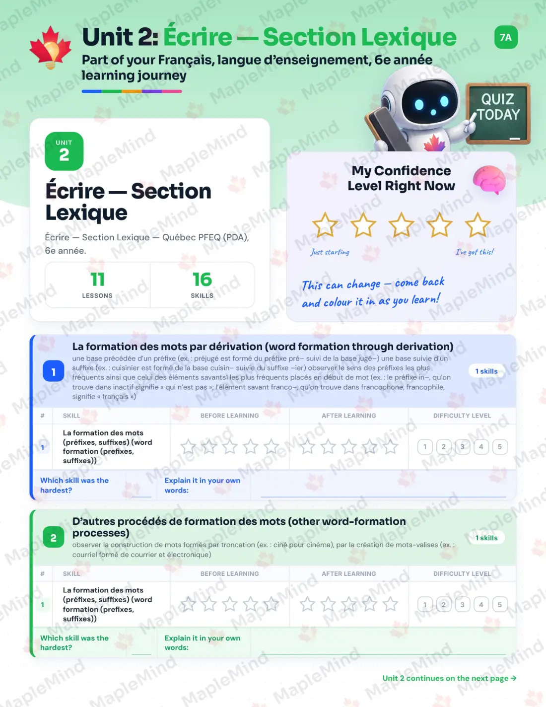 Page 18 of 84 from the Français, langue d’enseignement, 6e année Quebec Course Companion — skills tracker with before and after self-assessment