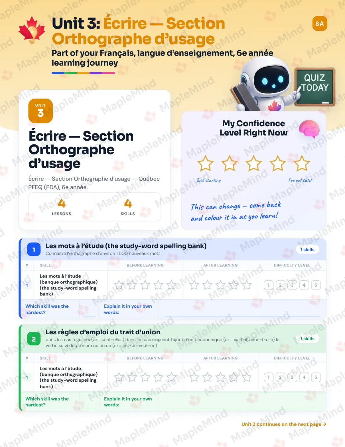 Page 24 of 84 from the Français, langue d’enseignement, 6e année Quebec Course Companion — skills tracker with before and after self-assessment