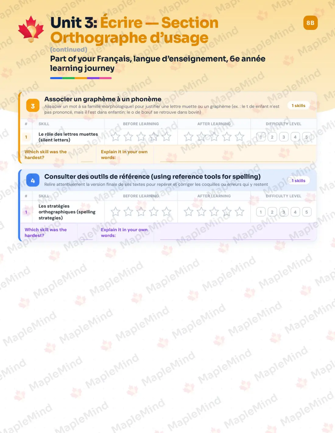 Page 25 of 84 from the Français, langue d’enseignement, 6e année Quebec Course Companion — skills tracker with before and after self-assessment